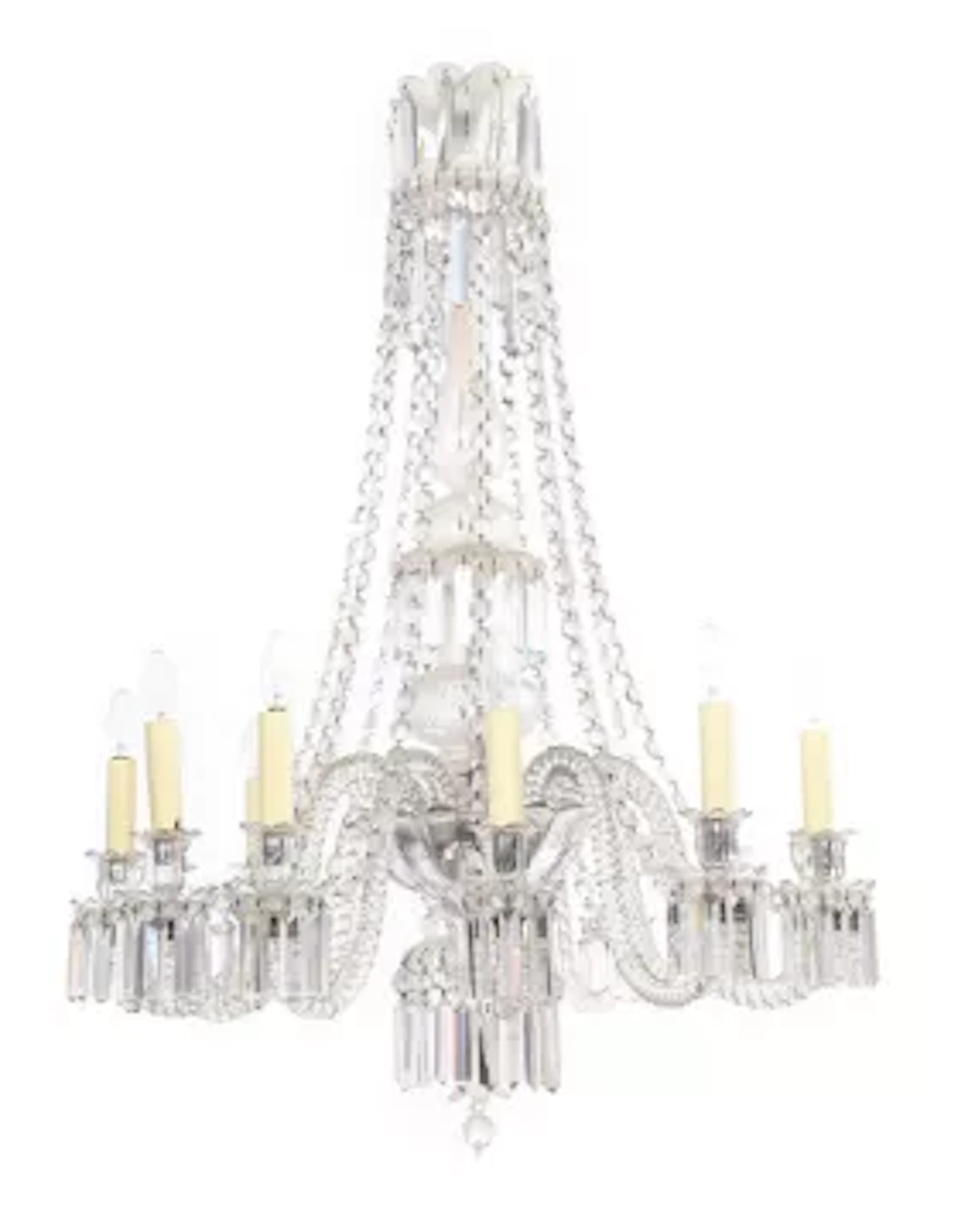 A GLASS MOUNTED SILVERED FRAME TWELVE LIGHT CHANDELIER, IN THE MANNER