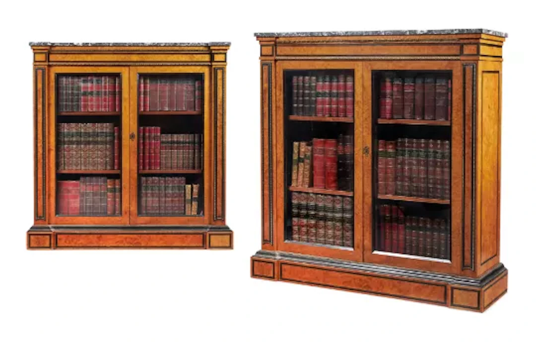 Y A PAIR OF VICTORIAN BURR ELM, EBONY BANDED AND GILT METAL MOUNTED