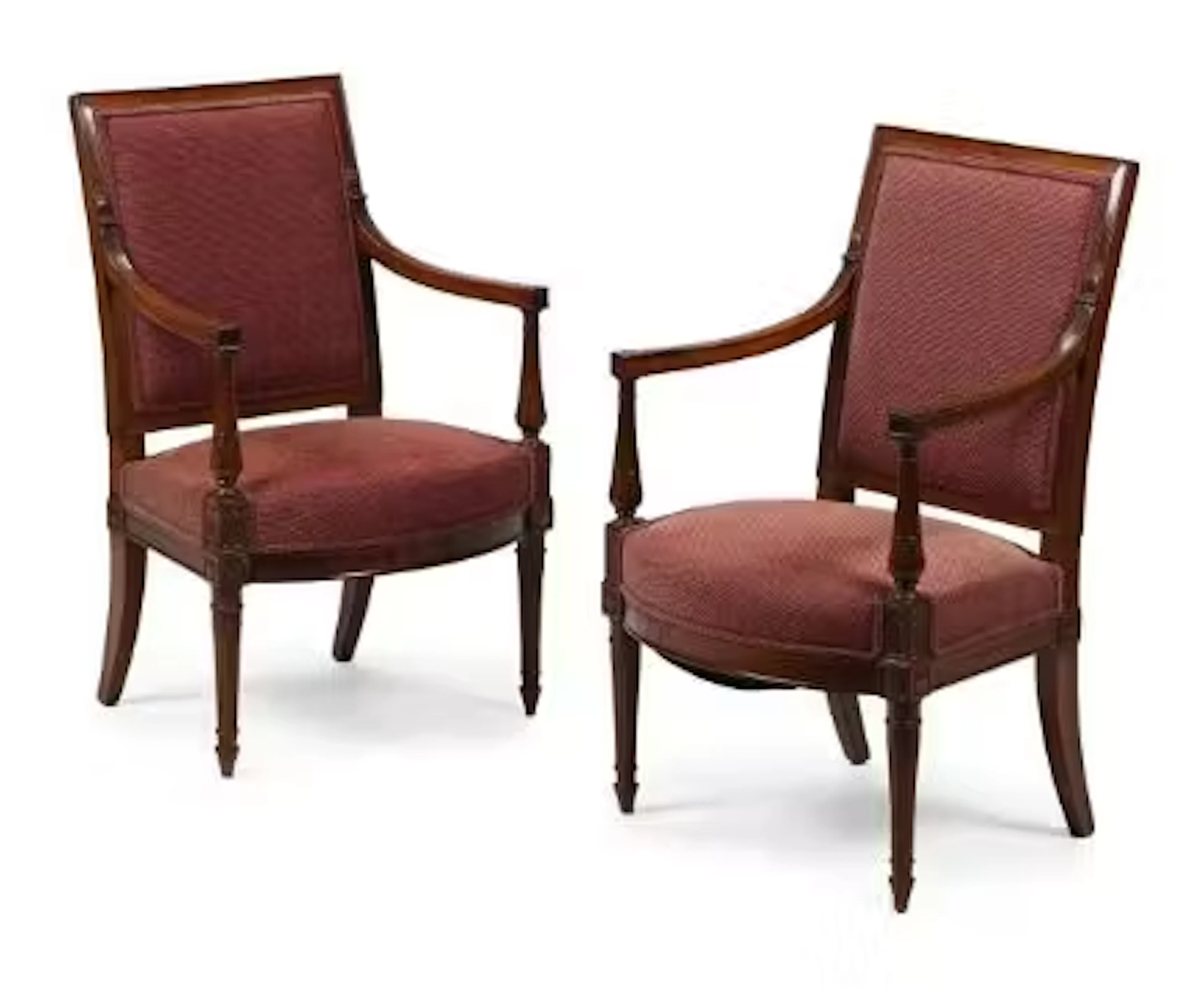 A PAIR OF DIRECTOIRE CARVED MAHOGANY AND UPHOLSTERED FAUTEUILS, LATE