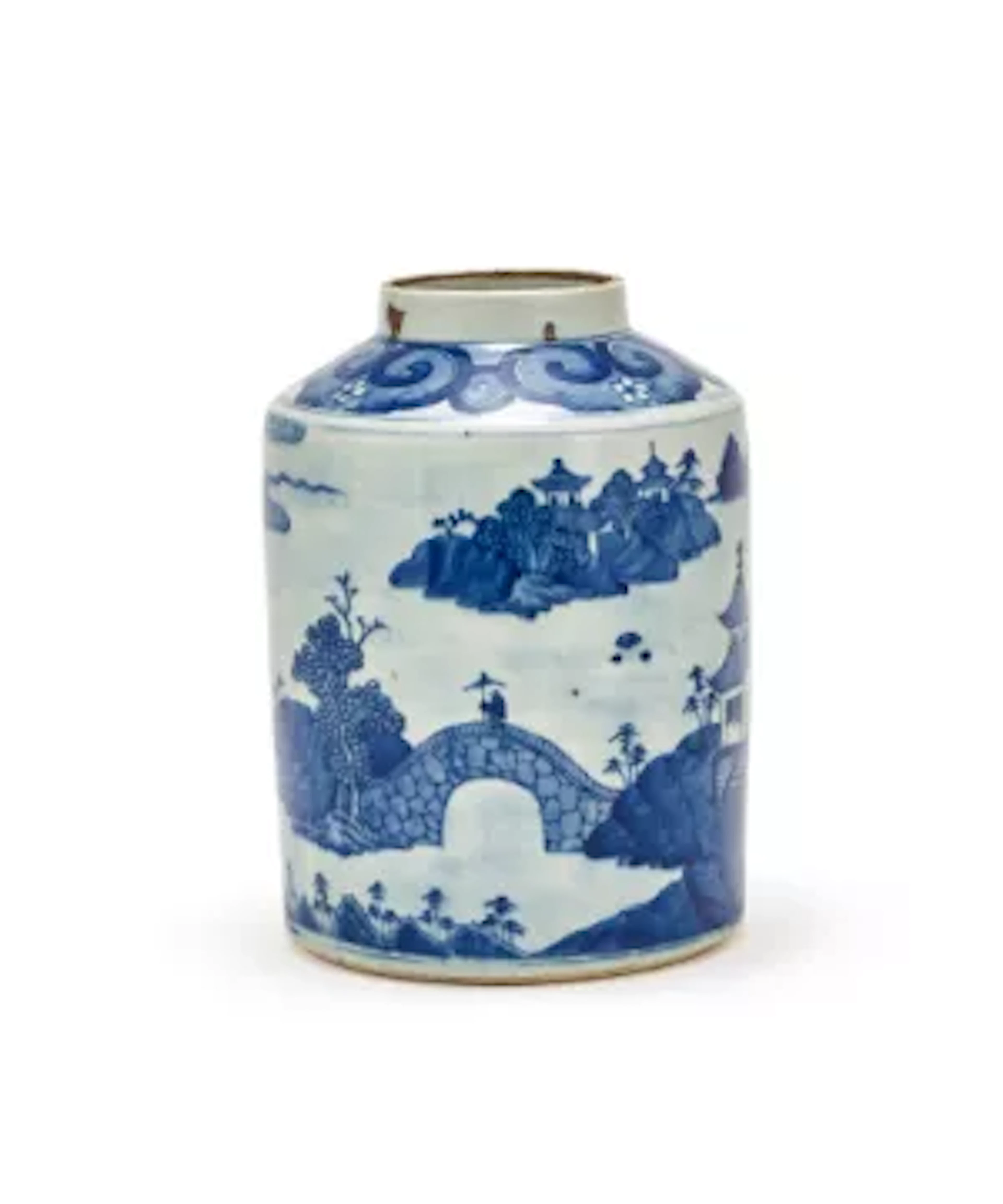 † A Chinese blue and white tea jar, 19th century