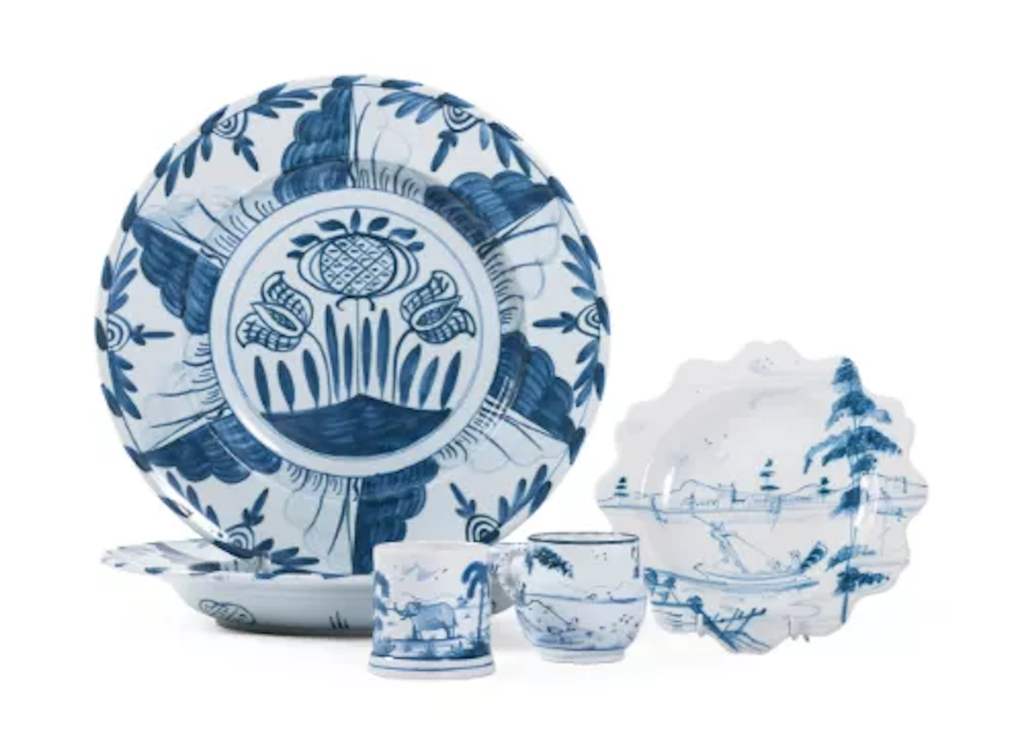 A NEAR PAIR OF BLUE AND WHITE CHARGERS BY ISIS CERAMICS, 20TH CENTURY