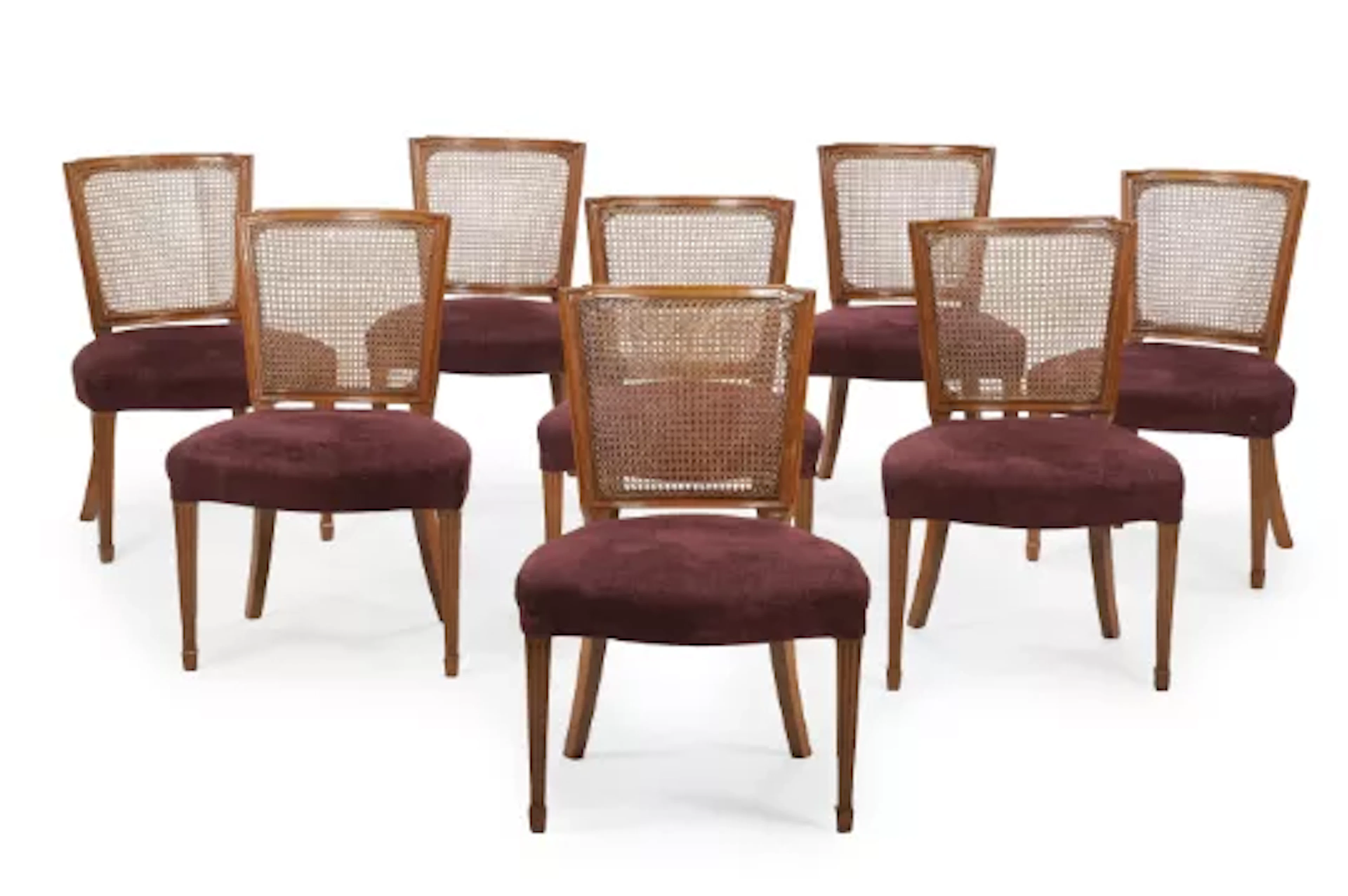 A SET OF EIGHT WALNUT DINING CHAIRS, IN LOUIS XVI STYLE, LAST QUARTER