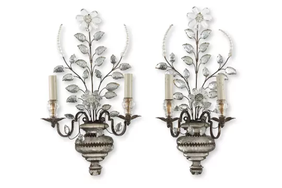 A PAIR OF GILT METAL AND GLASS TWIN BRANCH WALL LIGHTS, BY MAISON