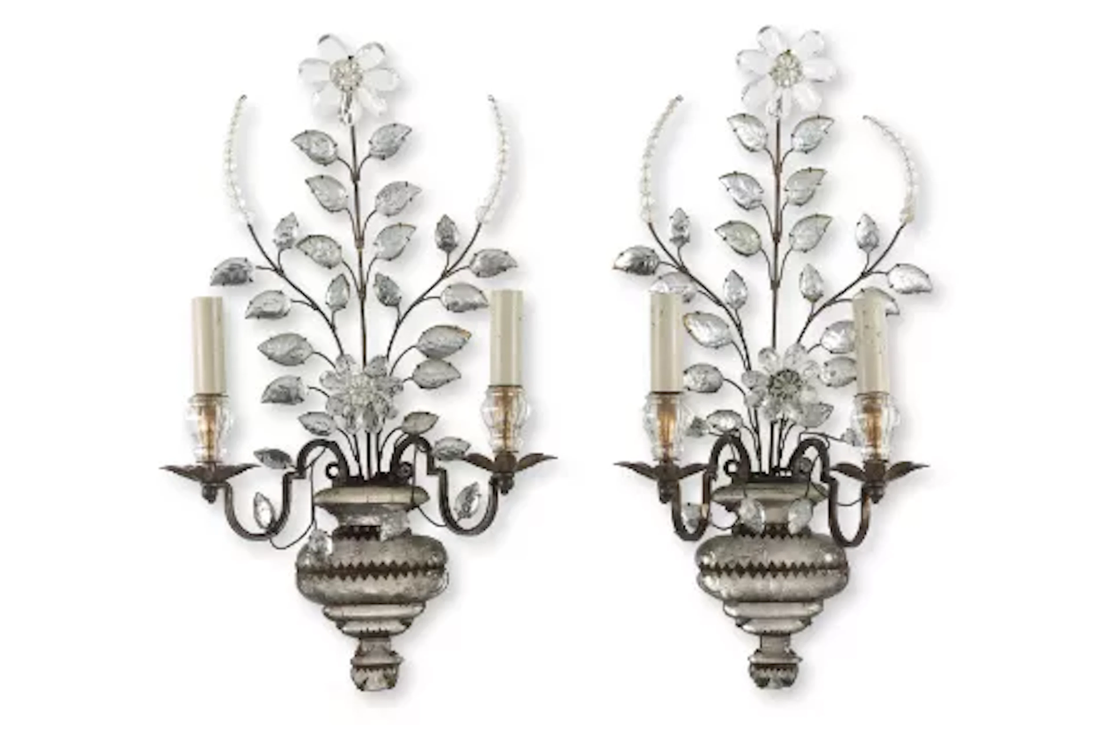 A PAIR OF GILT METAL AND GLASS TWIN BRANCH WALL LIGHTS, BY MAISON