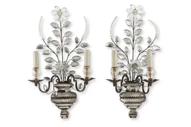 A PAIR OF GILT METAL AND GLASS TWIN BRANCH WALL LIGHTS, BY MAISON