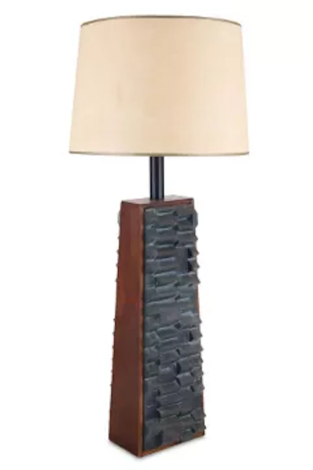 A STAINED OAK AND PATINATED METAL 'BRUTALIST STYLE' TABLE LAMP, MID
