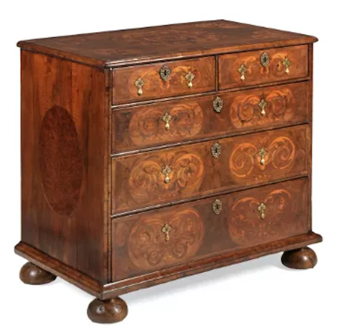 A FINE WILLIAM & MARY WALNUT, CROSSBANDED AND ARABESQUE MARQUETRY