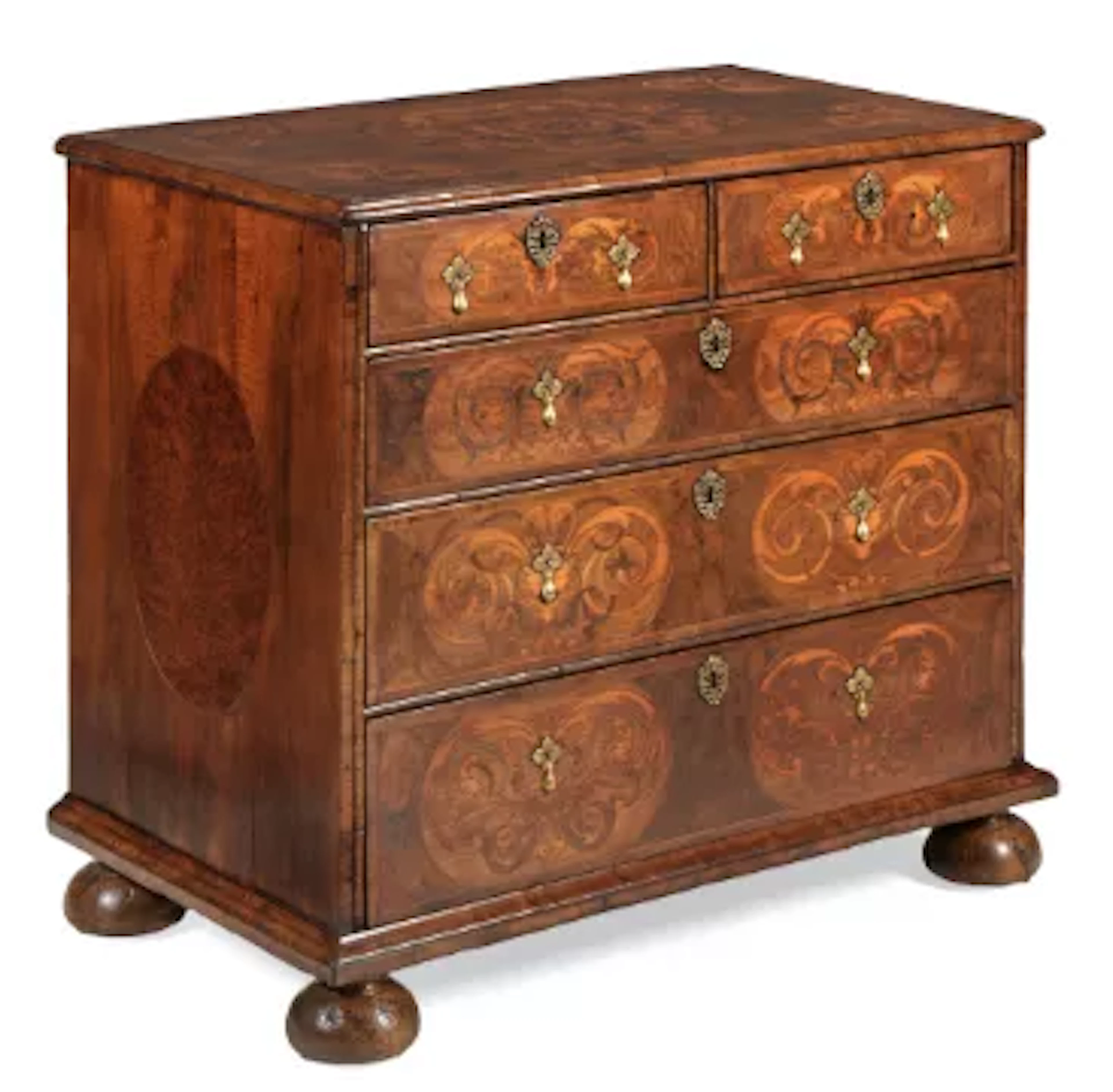 A FINE WILLIAM & MARY WALNUT, CROSSBANDED AND ARABESQUE MARQUETRY