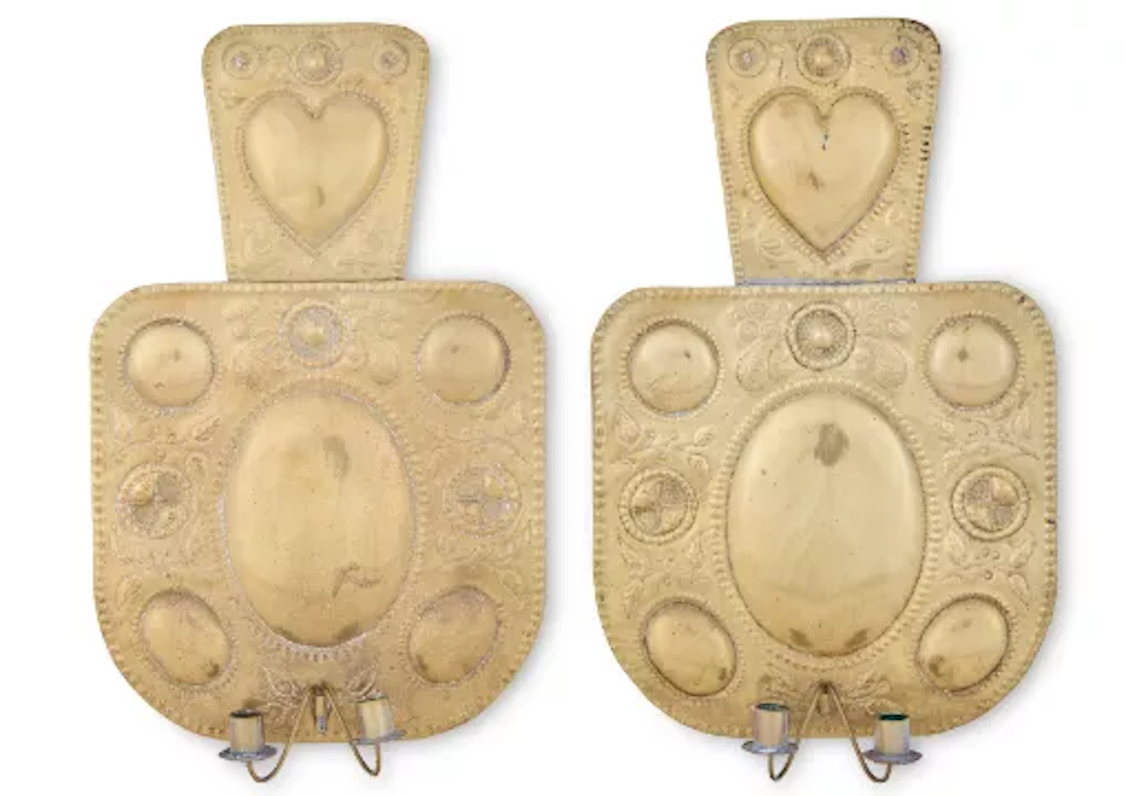 A PAIR OF ARTS AND CRAFTS REPOUSSE DECORATED BRASS TWIN LIGHT WALL
