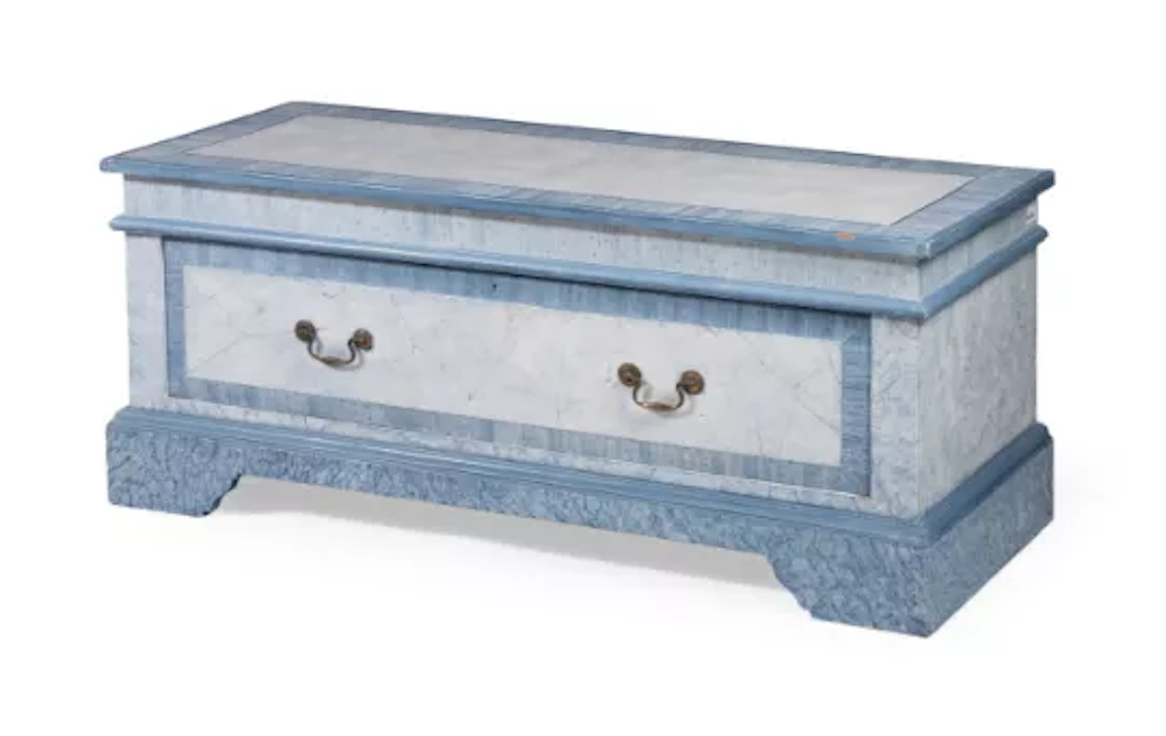 A BLUE PAINTED AND BRUSH GRAINED LOW CHEST, 20TH CENTURY, AND LATER