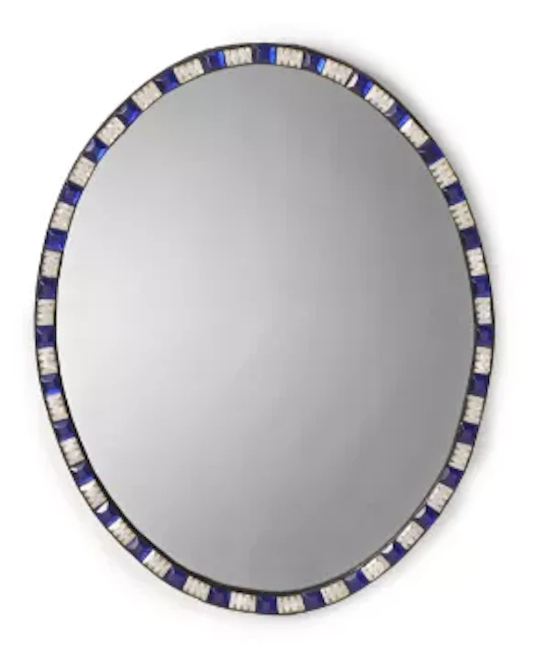 A LARGE IRISH BLUE AND WHITE BEADED GLASS OVAL MIRROR, LATE 19TH OR