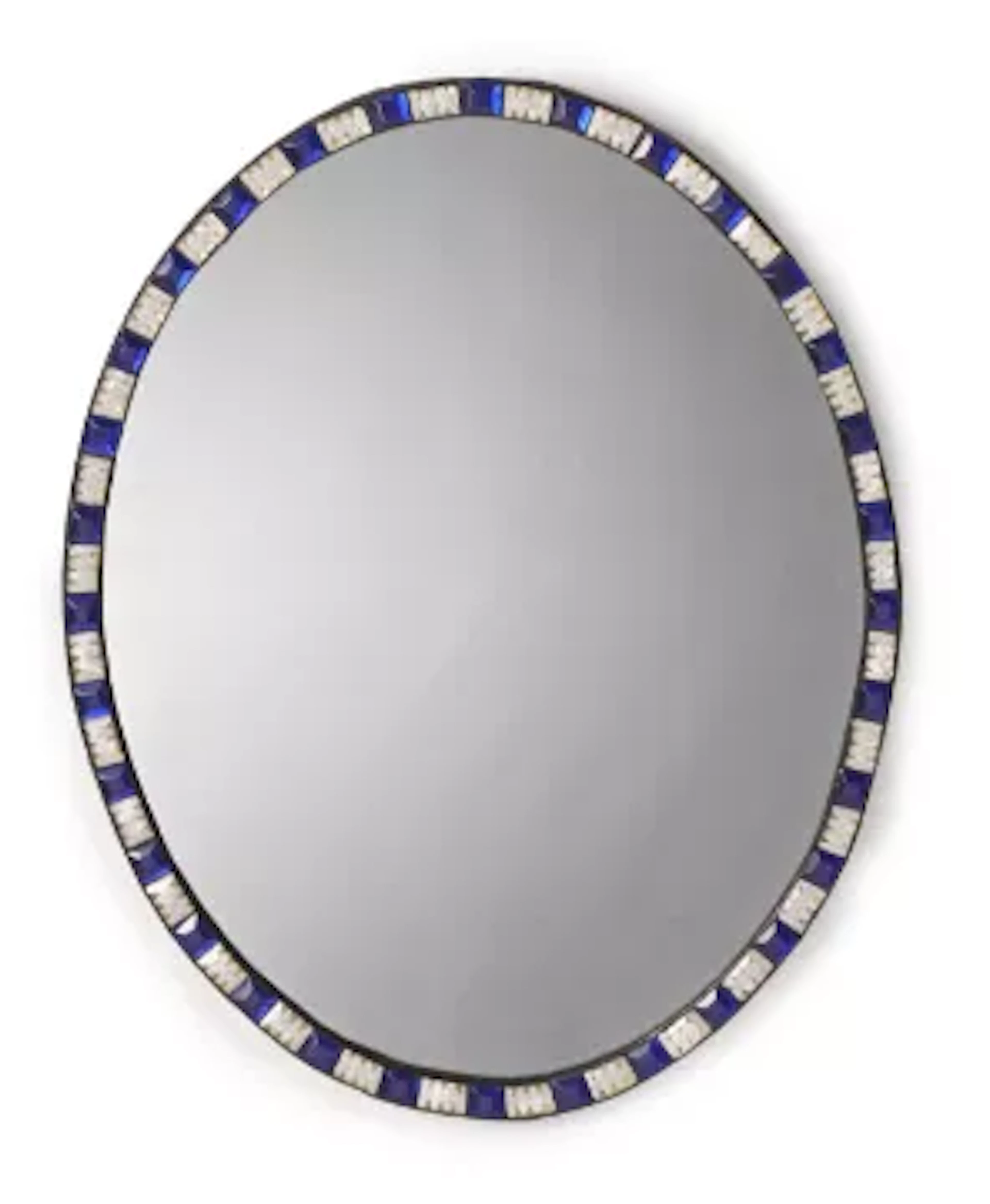 A LARGE IRISH BLUE AND WHITE BEADED GLASS OVAL MIRROR, LATE 19TH OR