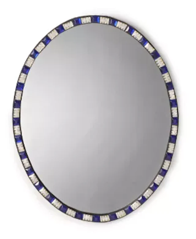 A LARGE IRISH BLUE AND WHITE BEADED GLASS OVAL MIRROR, LATE 19TH OR