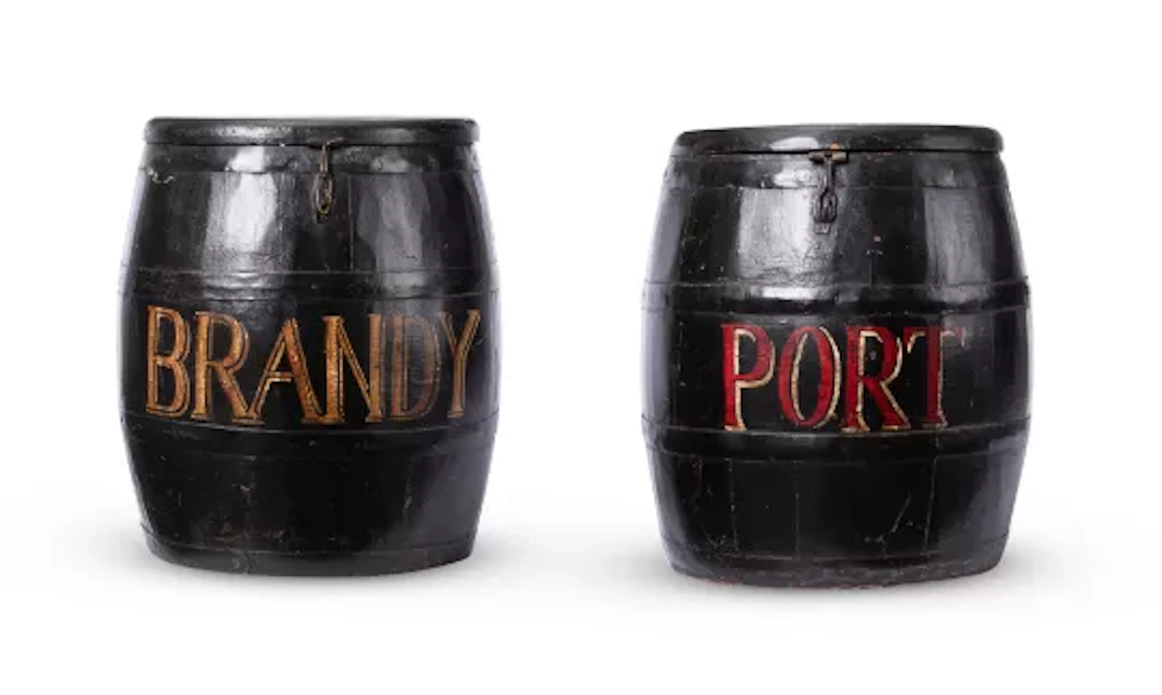 A PAIR OF POLYCHROME PAINTED AND IRON BOUND COOPERED BARRELS, 20TH CENTURY
