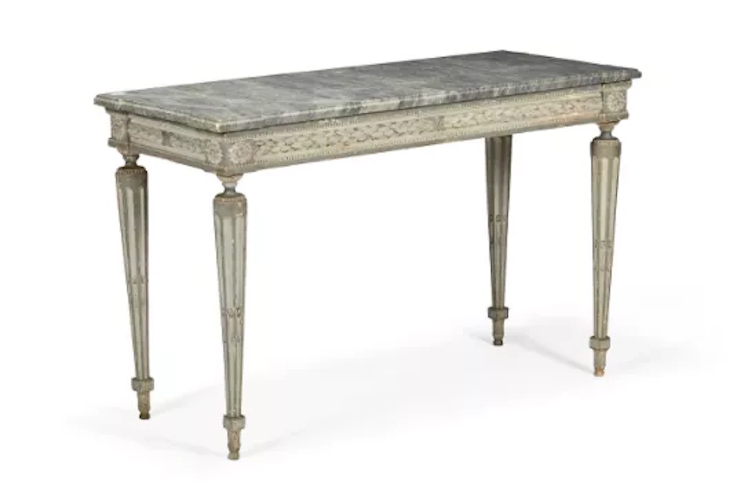 AN ITALIAN CARVED AND GREY PAINTED CONSOLE TABLE, LATE 18TH OR EARLY