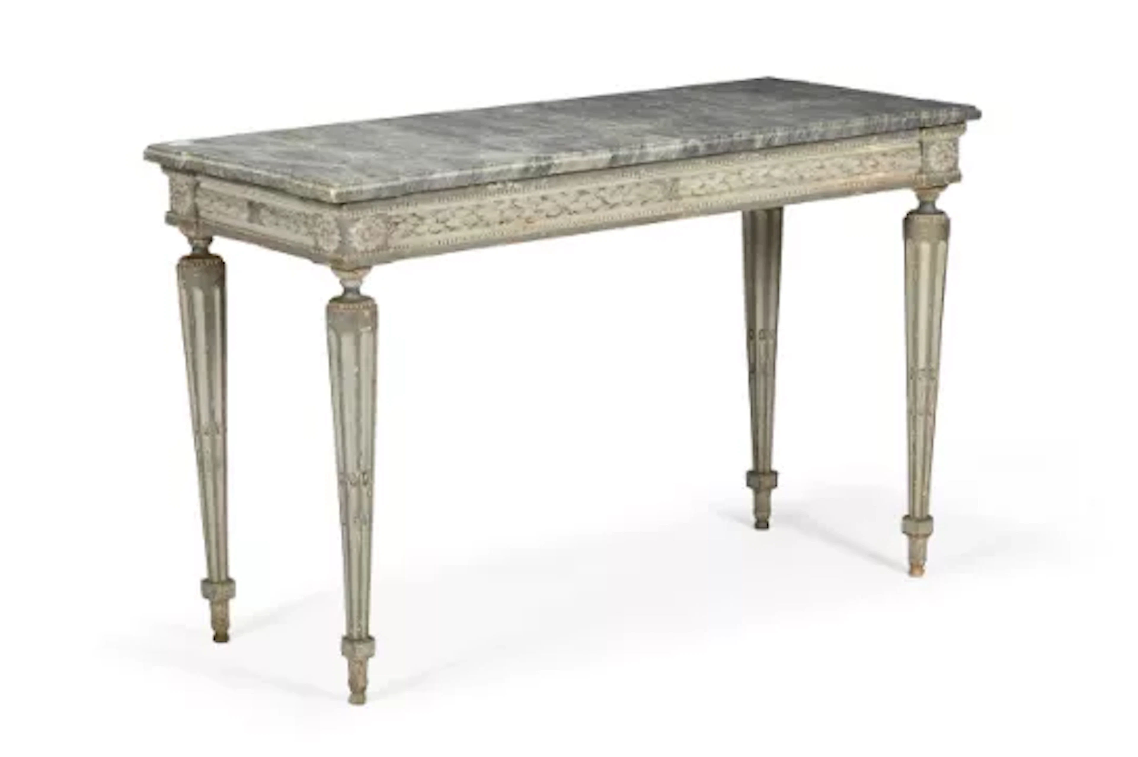 AN ITALIAN CARVED AND GREY PAINTED CONSOLE TABLE, LATE 18TH OR EARLY
