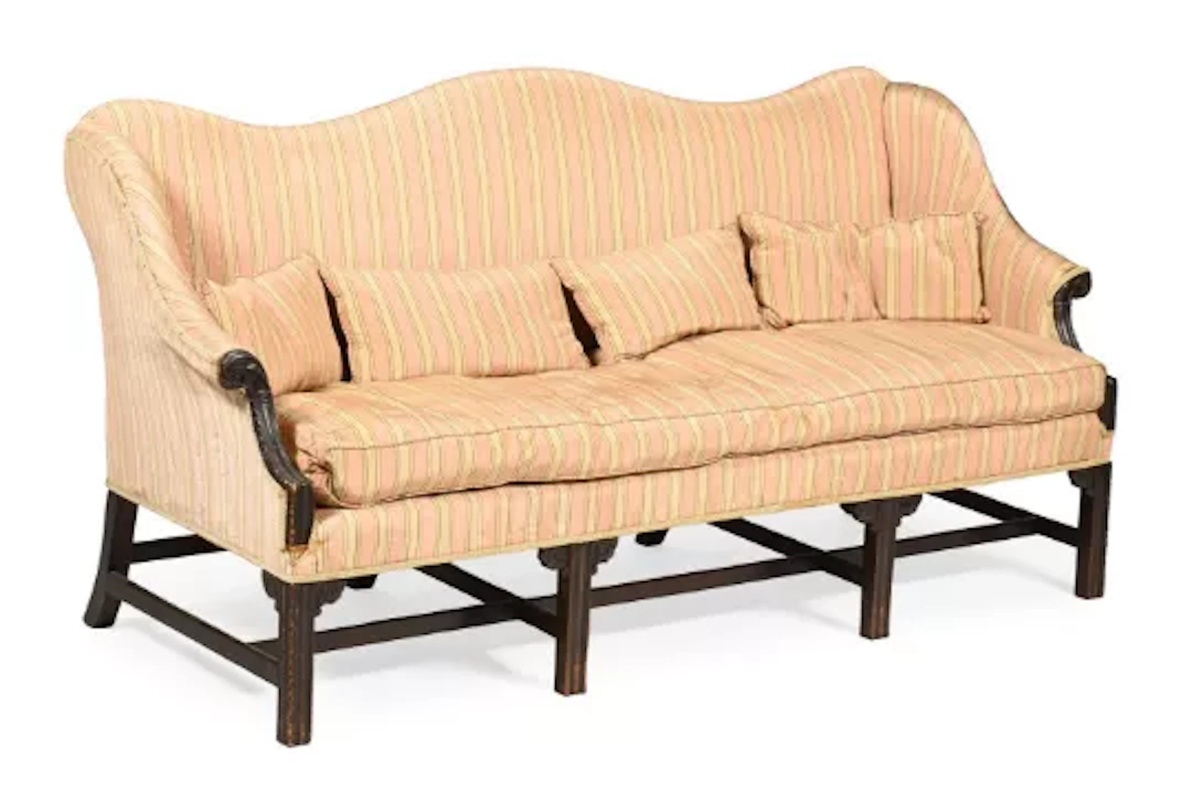A GEORGE III CARVED MAHOGANY AND UPHOLSTERED SETTEE, IN THE MANNER