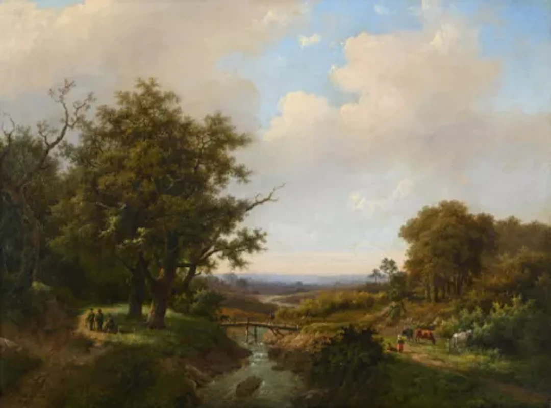 MARINUS ADRIANUS KOEKKOEK (DUTCH 1807–1870), A GROUP OF HUNTSMEN BY A RIVER