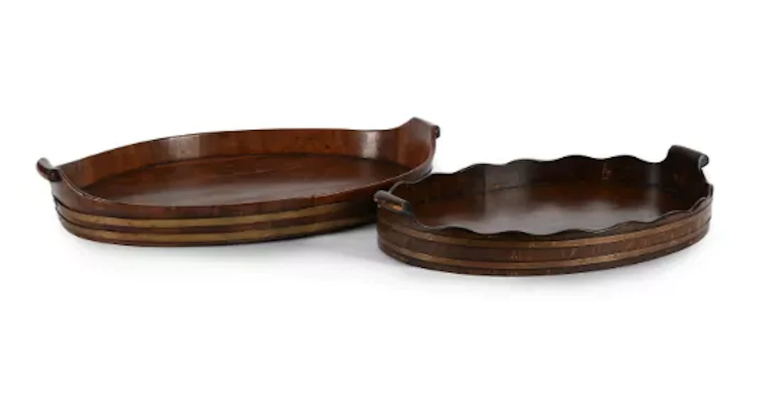 A MAHOGANY TWIN HANDLED GALLERIED OVAL TRAY, 19TH CENTURY, TOGETHER