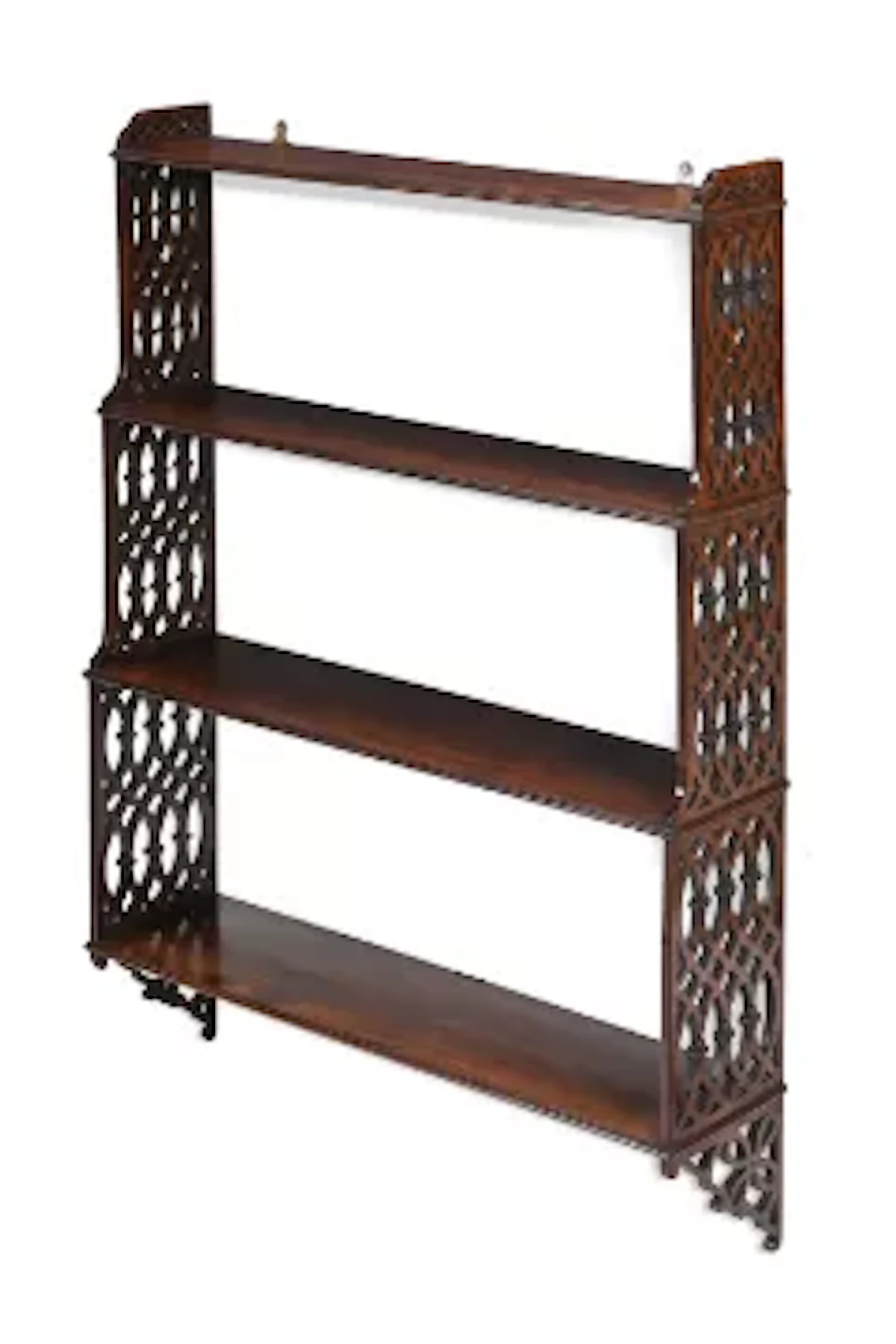A SET OF GEORGE III MAHOGANY GOTHIC FRET CARVED HANGING SHELVES, CIRCA 1800