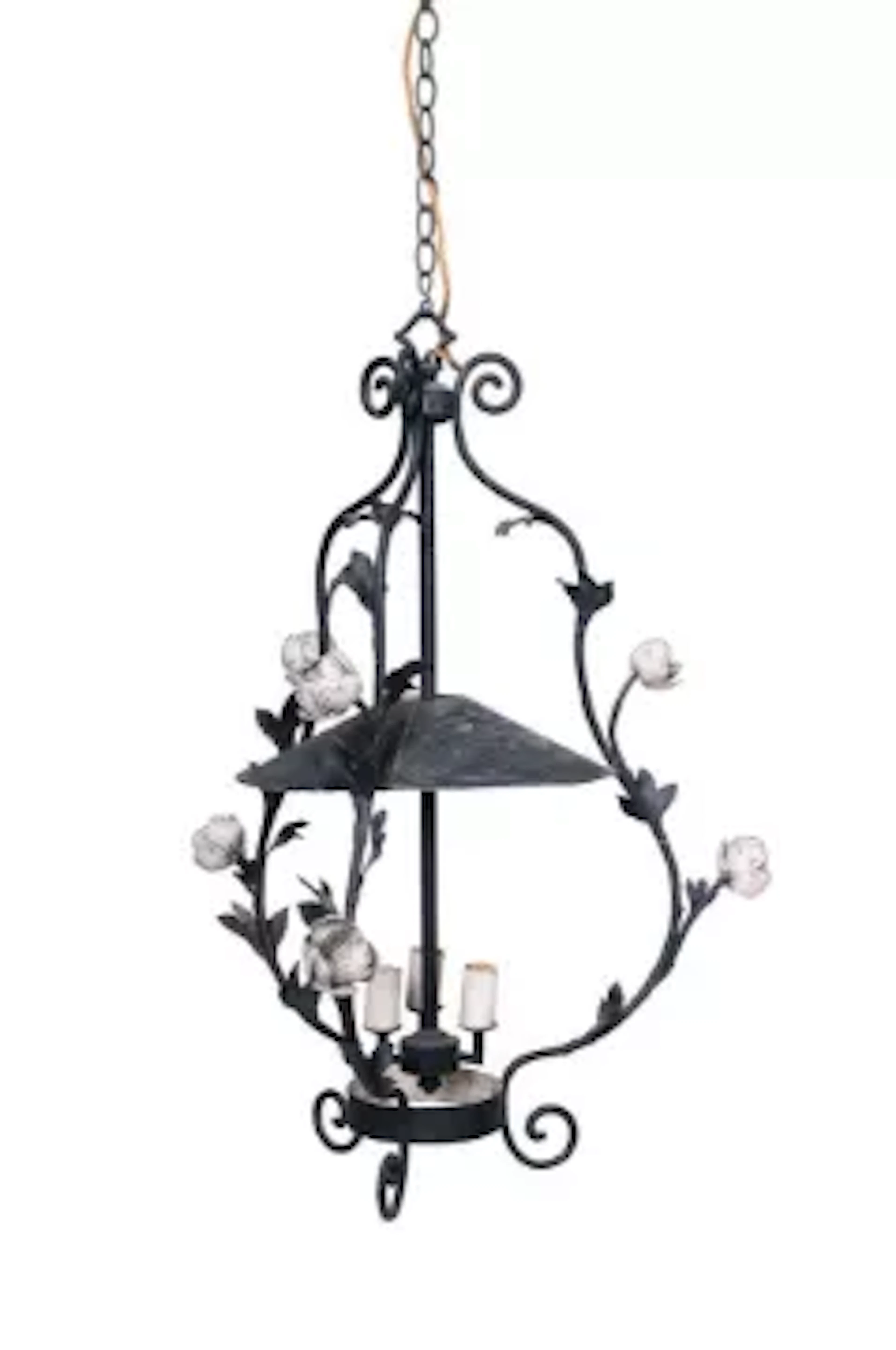 A TOLE PEINTE HANGING WROUGHT IRON HARP LIGHT OR CHANDELIER, FRENCH