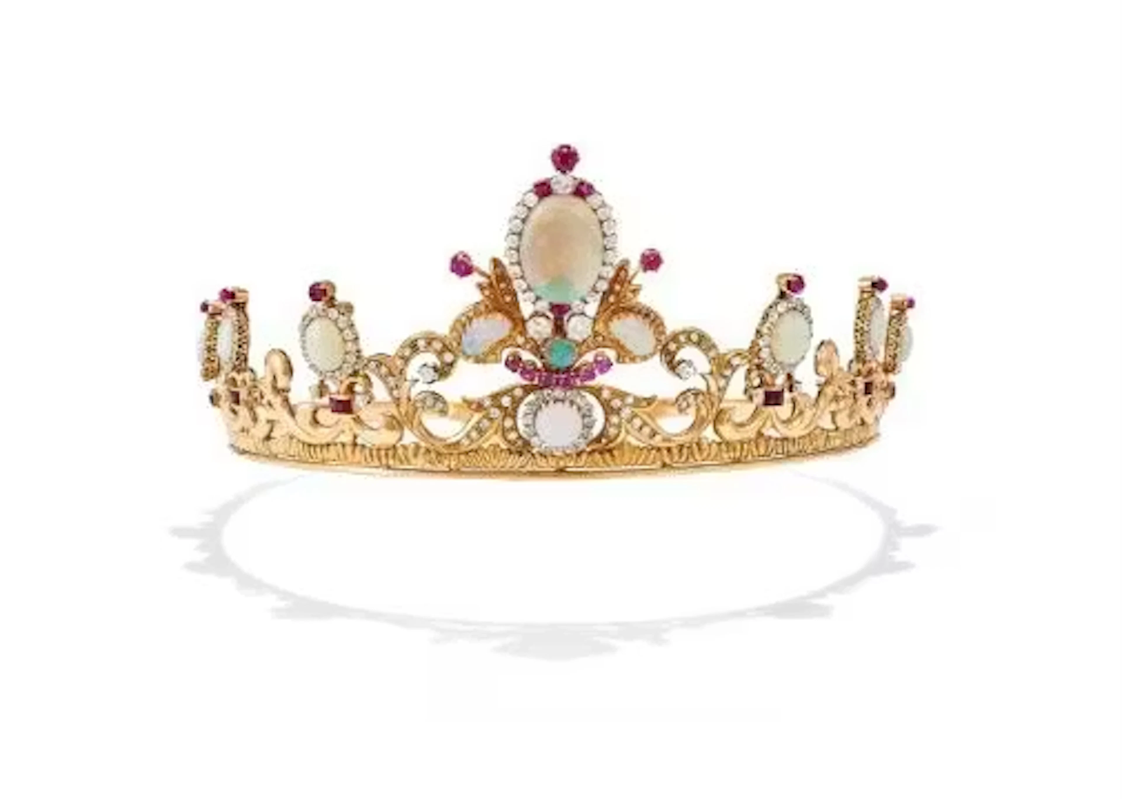 A MID 20TH CENTURY DIAMOND, OPAL, AND RUBY TIARA