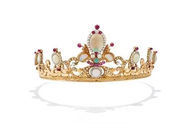 A MID 20TH CENTURY DIAMOND, OPAL, AND RUBY TIARA