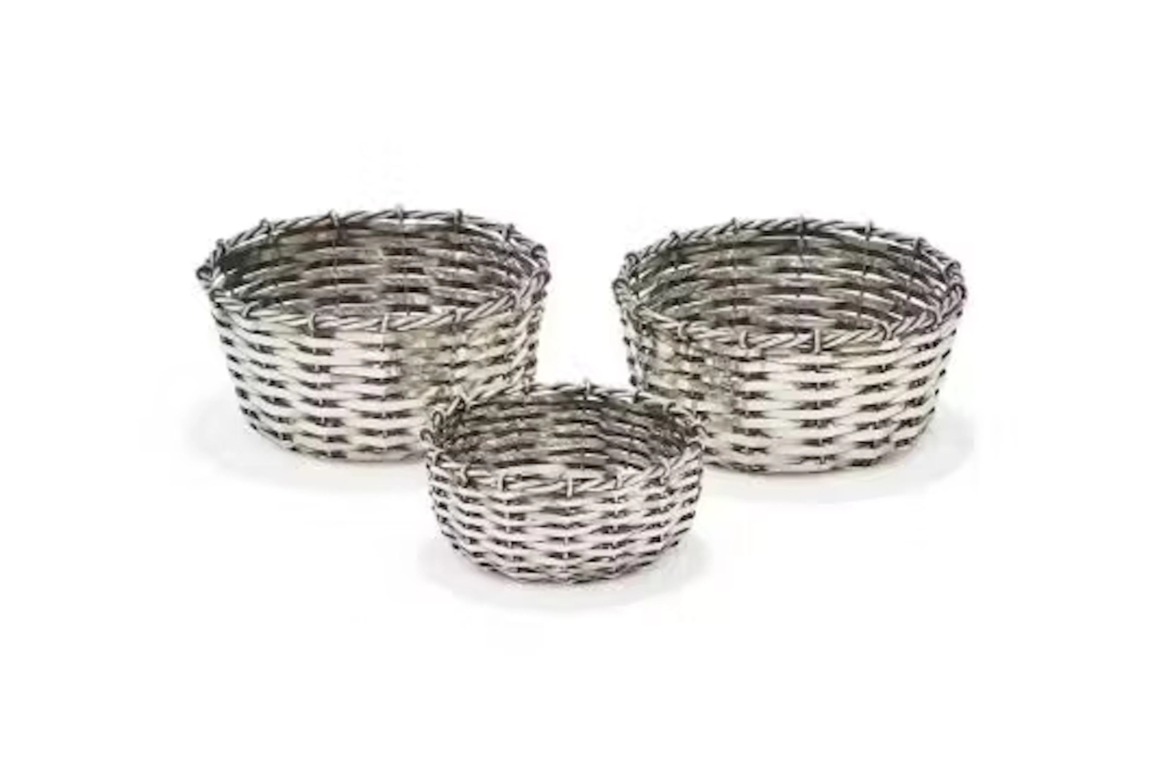 THREE ITALIAN SILVER COLOURED CIRCULAR WEAVED BASKETS
