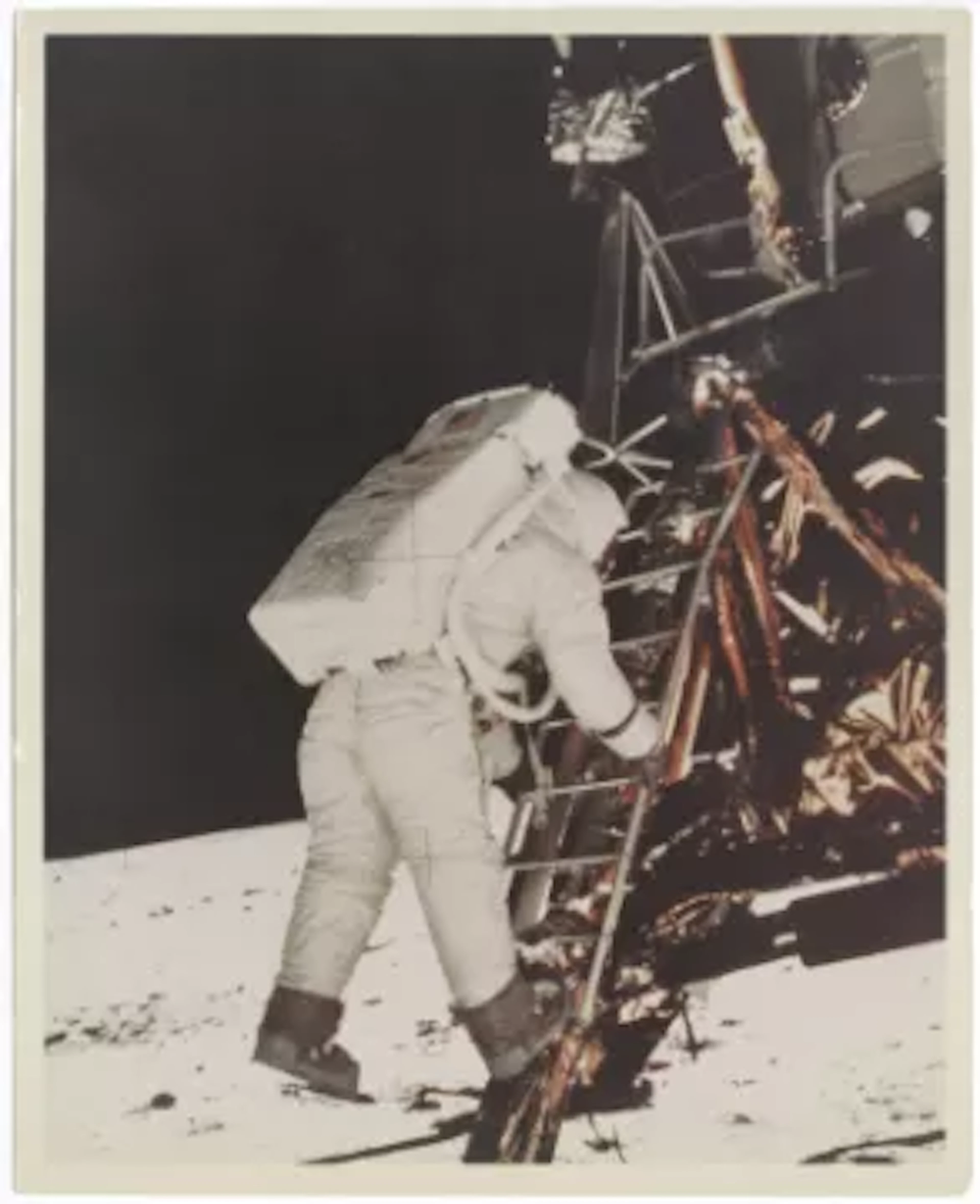 [Apollo 11] BUZZ ALDRIN CLIMBING DOWN THE LM EAGLE LADDER TO TAKE