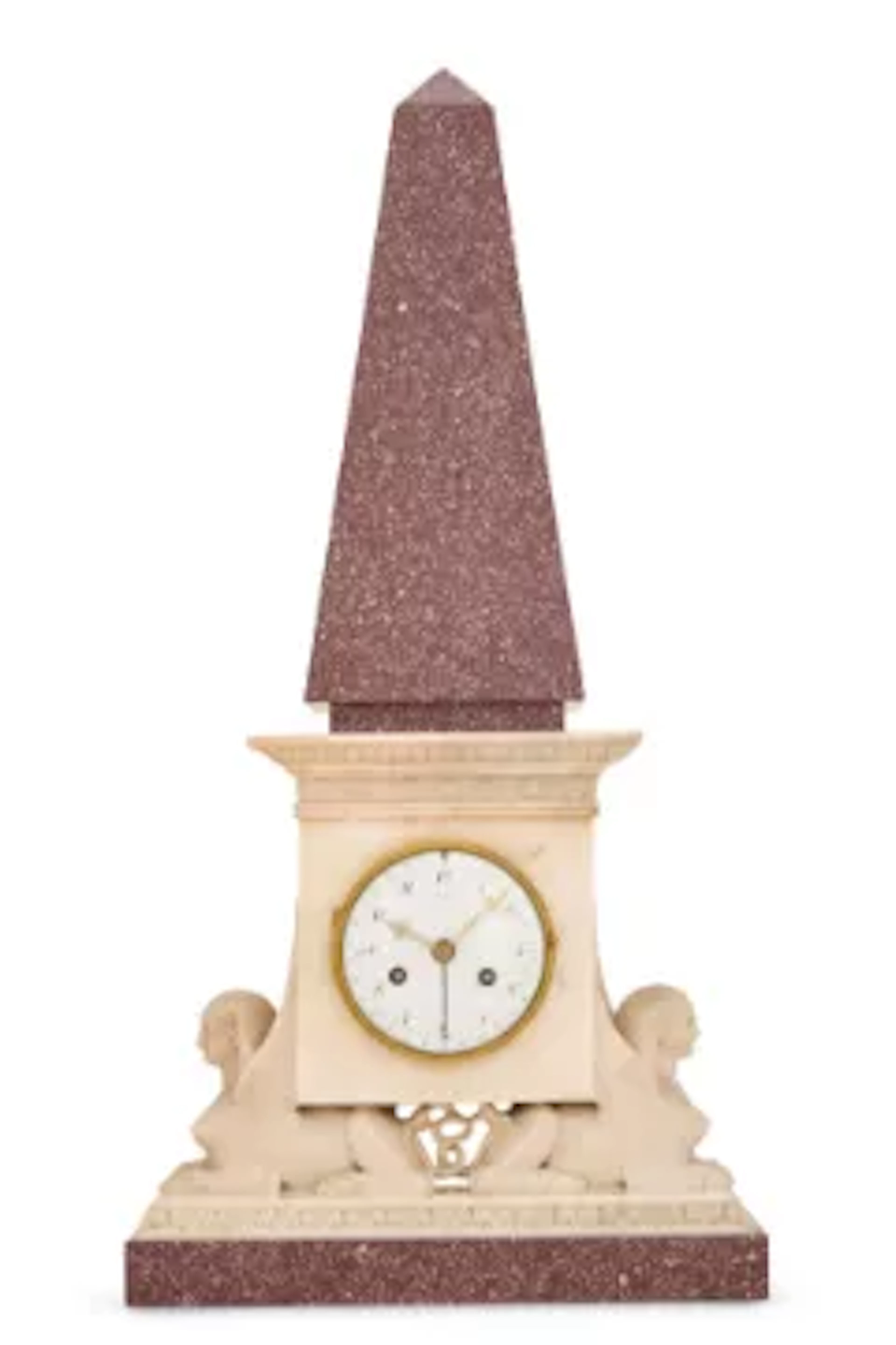 A FRENCH EMPIRE IMPERIAL PORPHYRY AND WHITE MARBLE MANTEL CLOCK