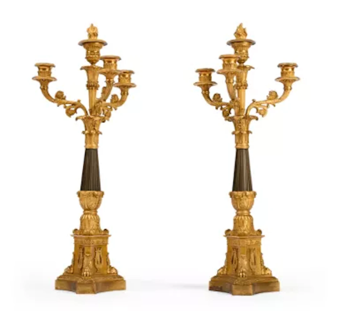 A PAIR OF FRENCH GILT AND PATINATED FOUR LIGHT CANDELABRA, MID 19TH CENTURY