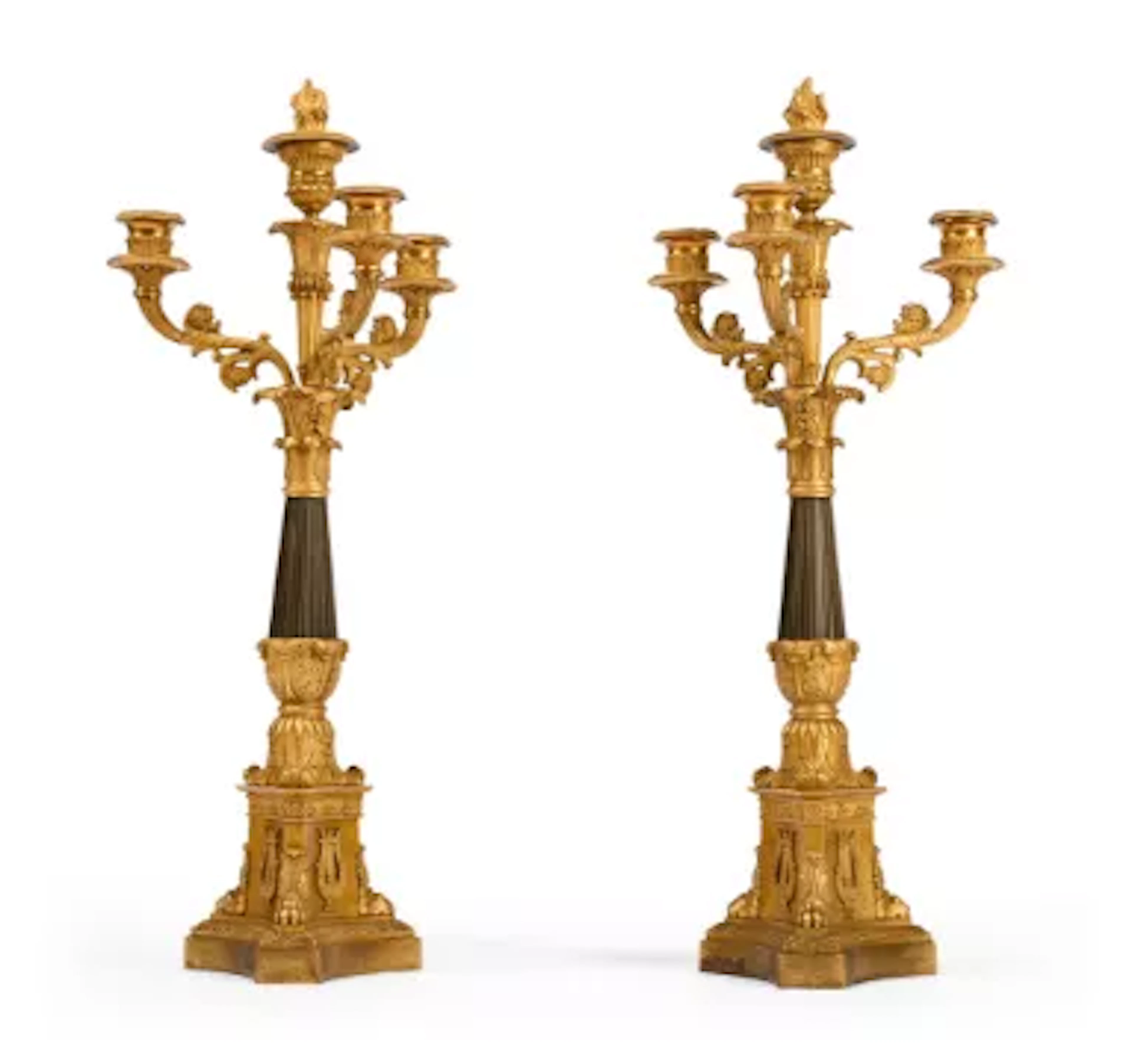 A PAIR OF FRENCH GILT AND PATINATED FOUR LIGHT CANDELABRA, MID 19TH CENTURY