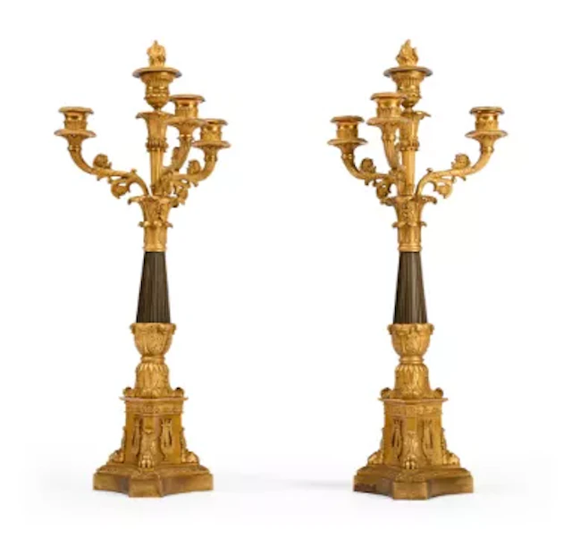 A PAIR OF FRENCH GILT AND PATINATED FOUR LIGHT CANDELABRA, MID 19TH CENTURY