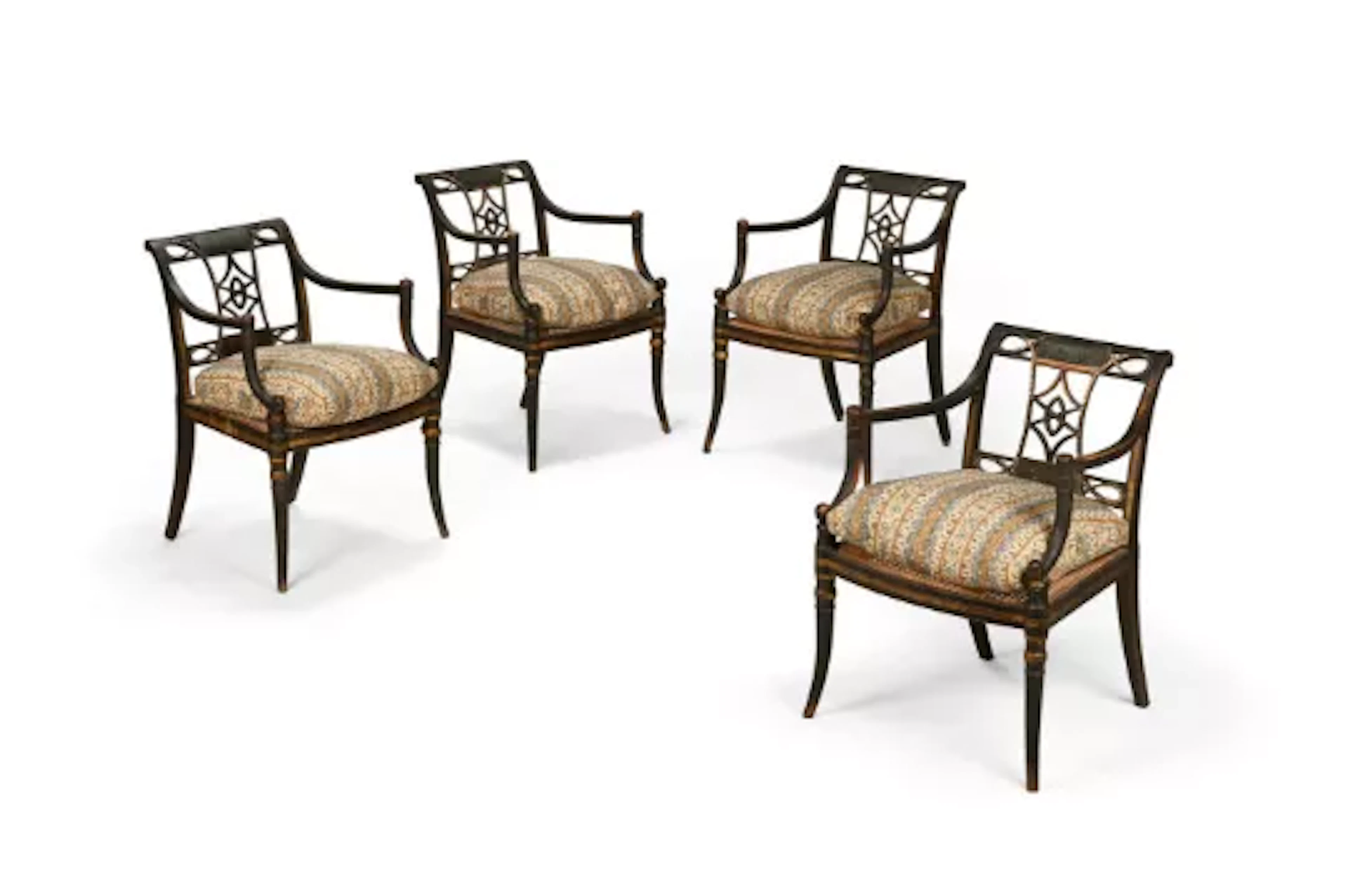 A SET OF FOUR REGENCY PAINTED AND PARCEL GILT ARMCHAIRS, BY JOHN GEE