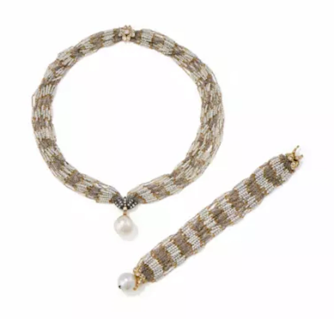 A SEED PEARL AND DIAMOND NECKLACE AND BRACELET