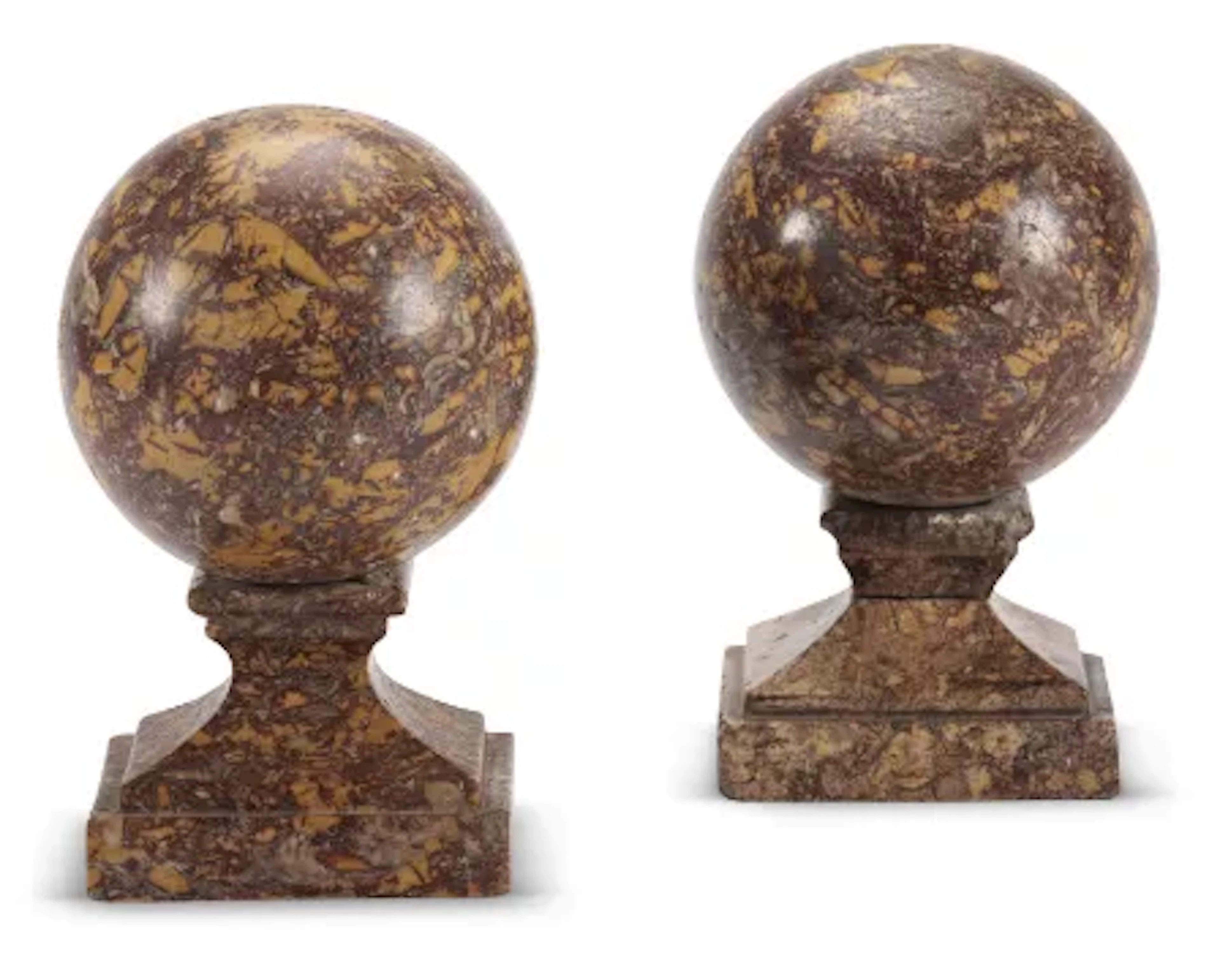 A PAIR OF BROCATELLO MARBLE BALL FINIALS, SPANISH, 18TH CENTURY