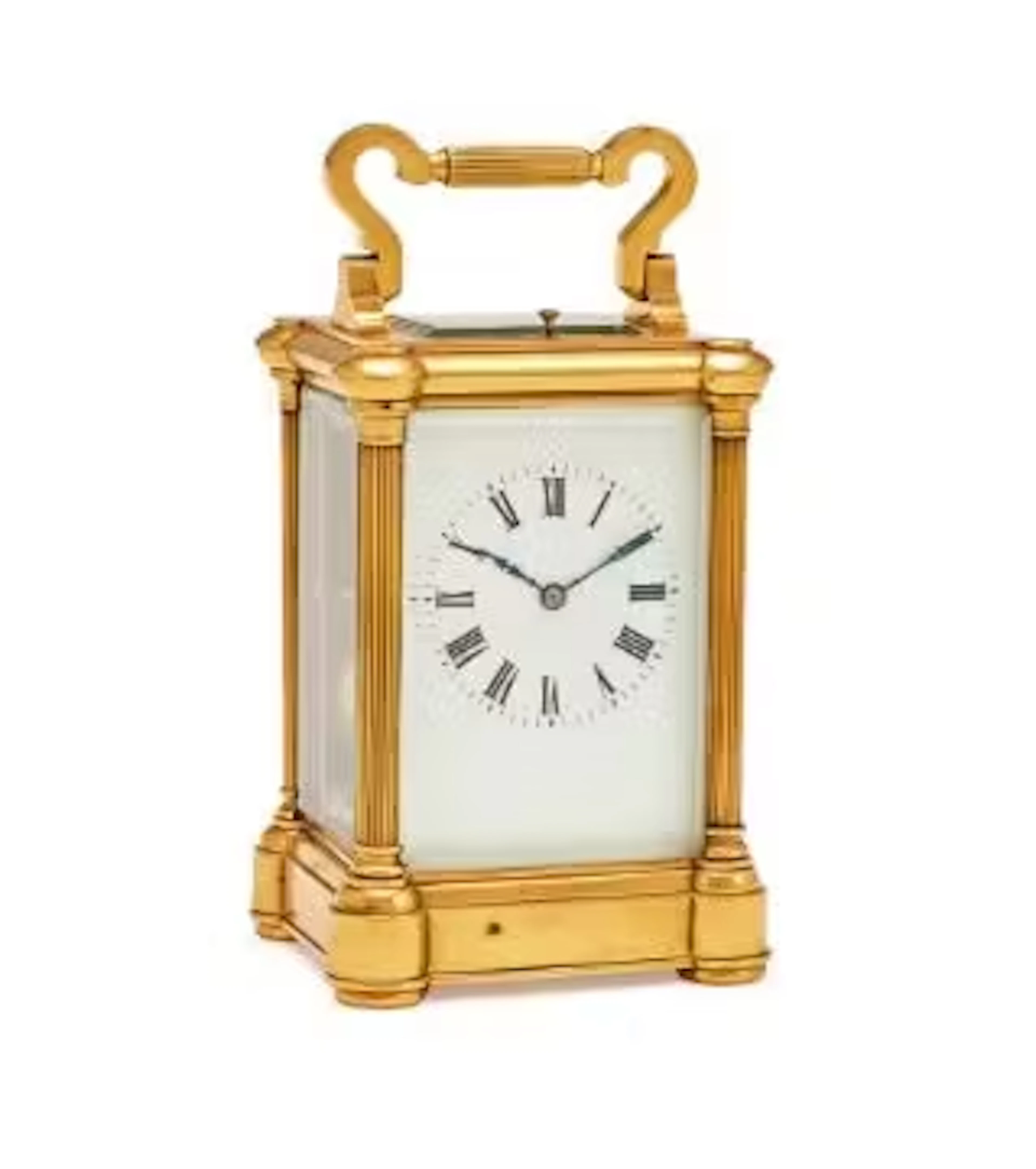 A FRENCH GILT BRASS CARRIAGE CLOCK WITH PUSH-BUTTON REPEAT