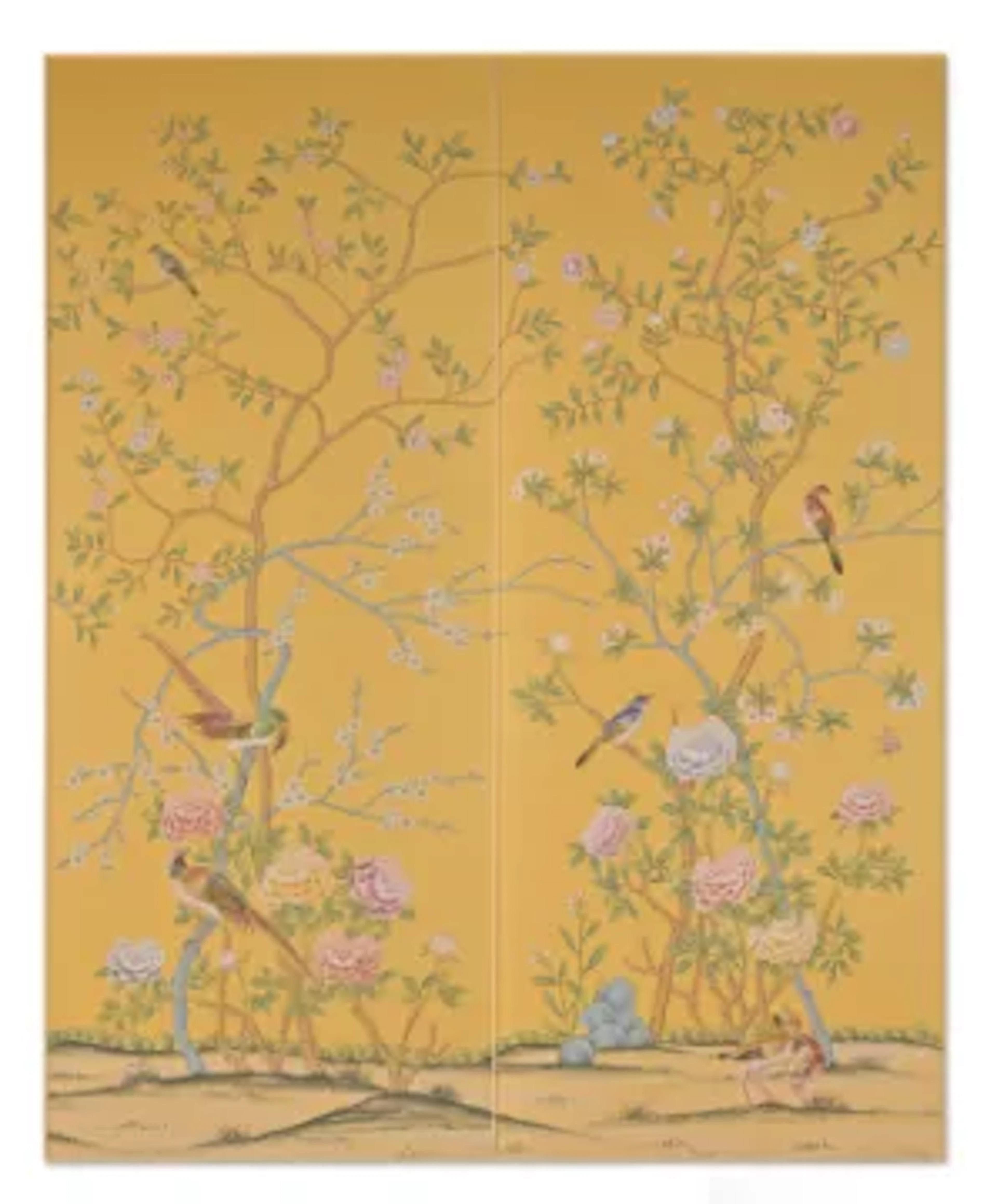 A PAIR OF 'EARLHAM' CHINOISERIE PATTERN PANELS HAND-PAINTED ONTO SIENNA