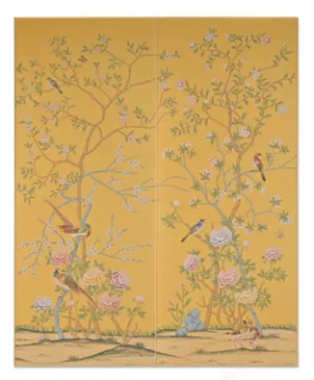 A PAIR OF 'EARLHAM' CHINOISERIE PATTERN PANELS HAND-PAINTED ONTO SIENNA