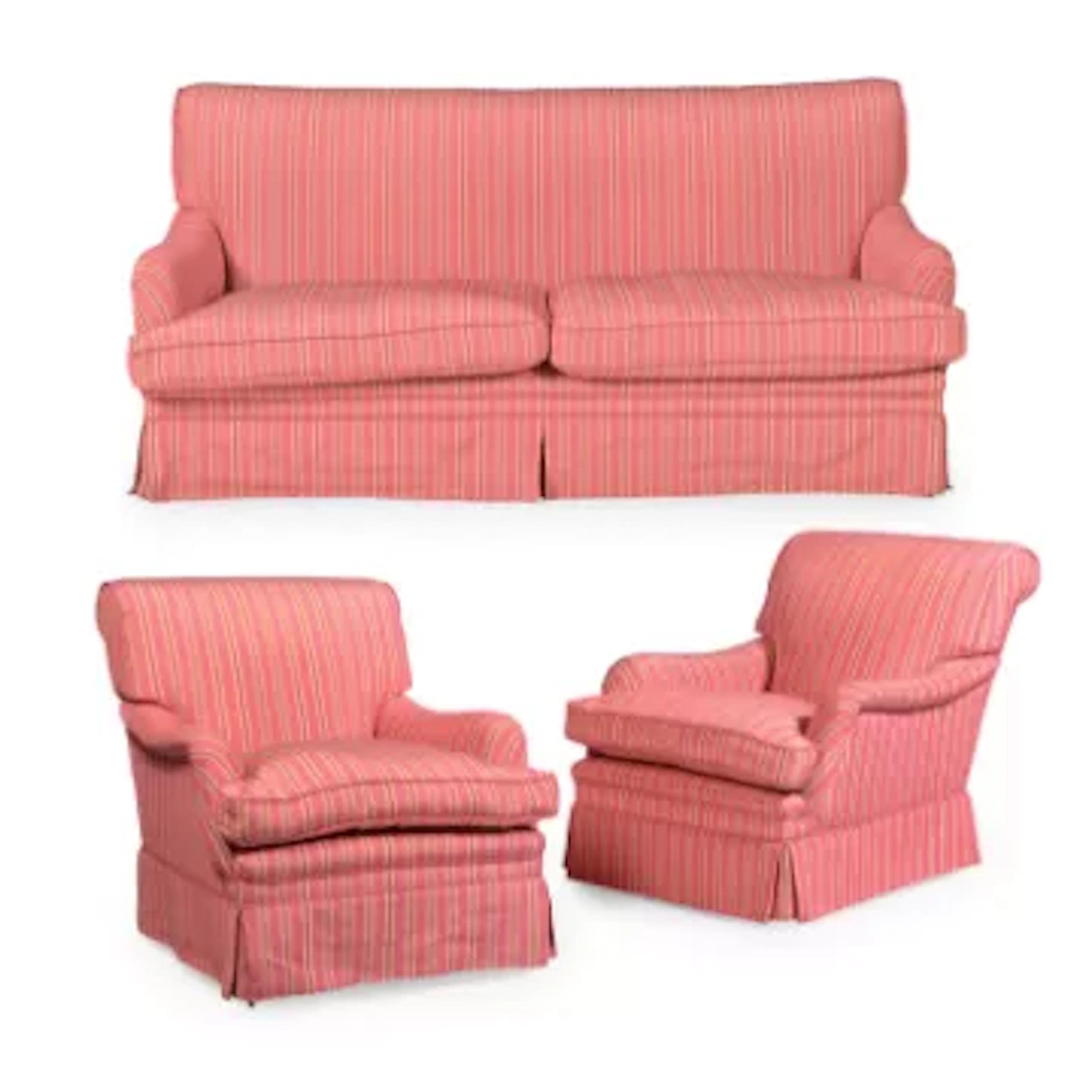 A PAIR OF UPHOLSTERED ARMCHAIRS AND MATCHING TWO SEAT SOFA, IN HOWARD