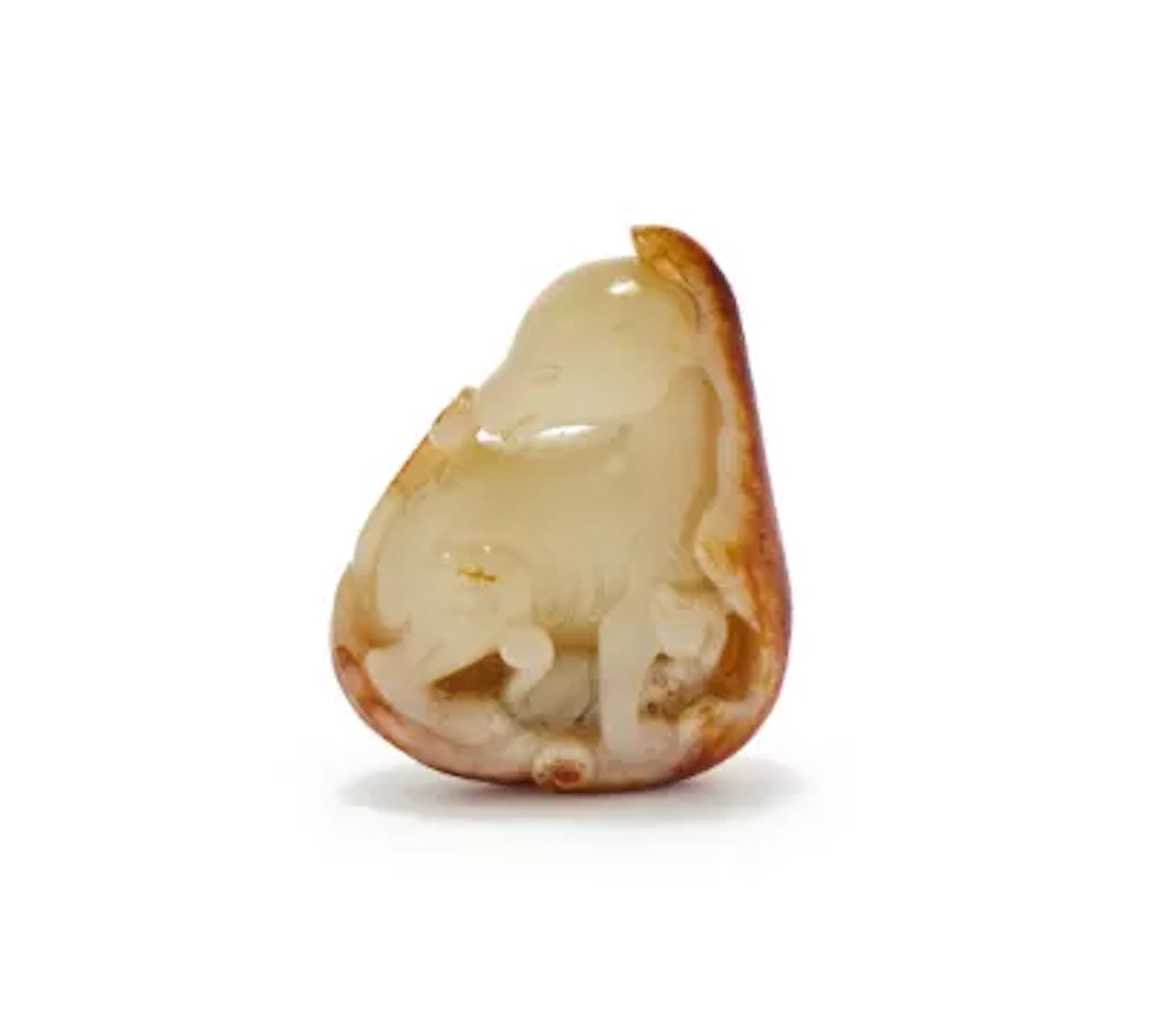 A Chinese carved pale celadon and russet jade 'Hound and cub' pendant