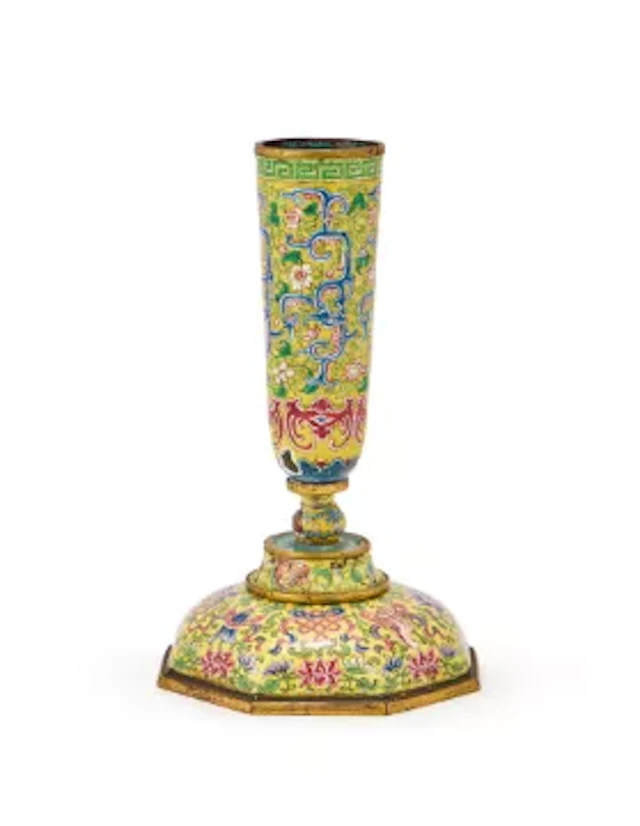 A Chinese Peking imperial enamel candlestick, Qing dynasty, 18th century