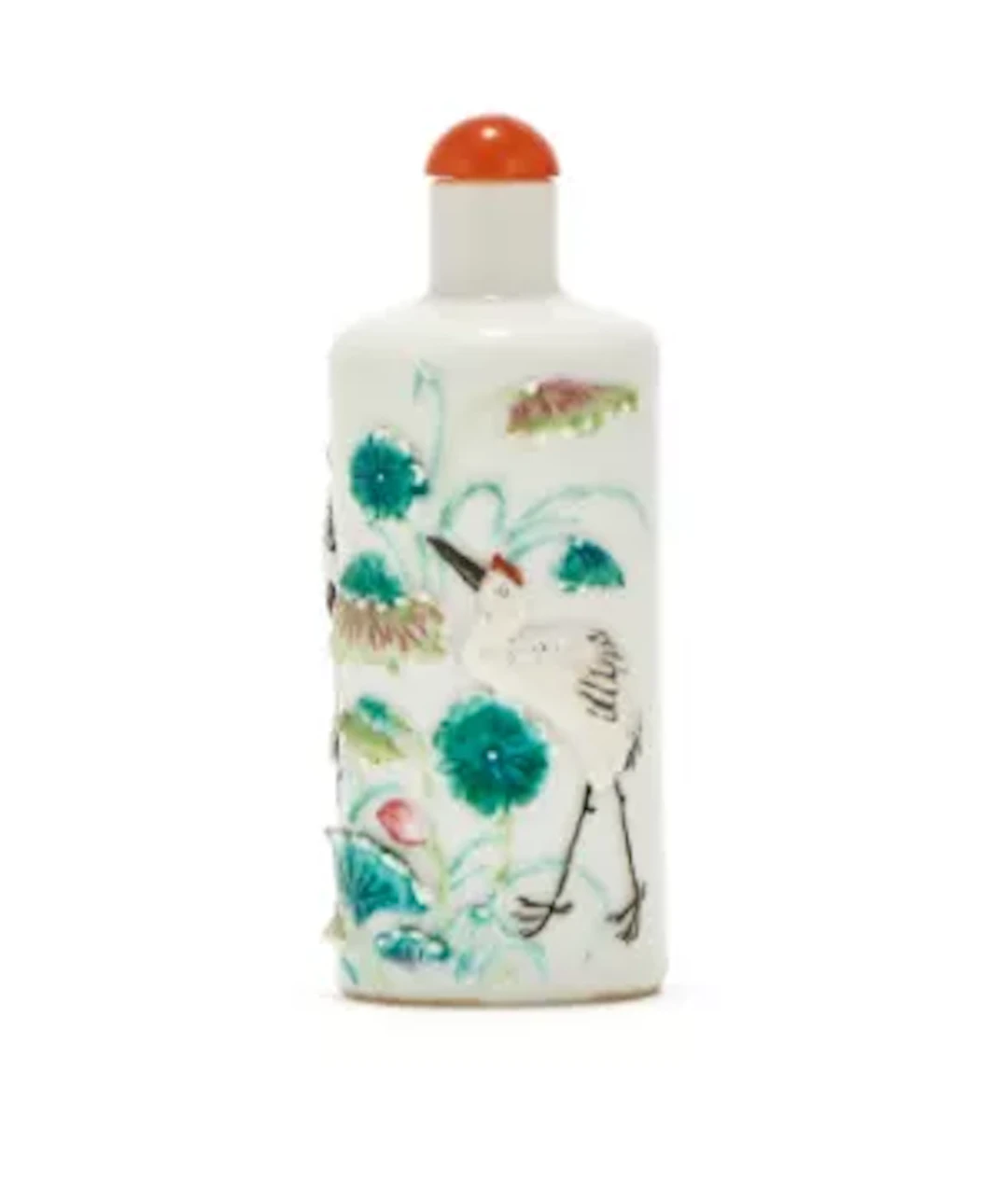 A Chinese porcelain Famille Rose 'crane and lotus' snuff bottle, Late