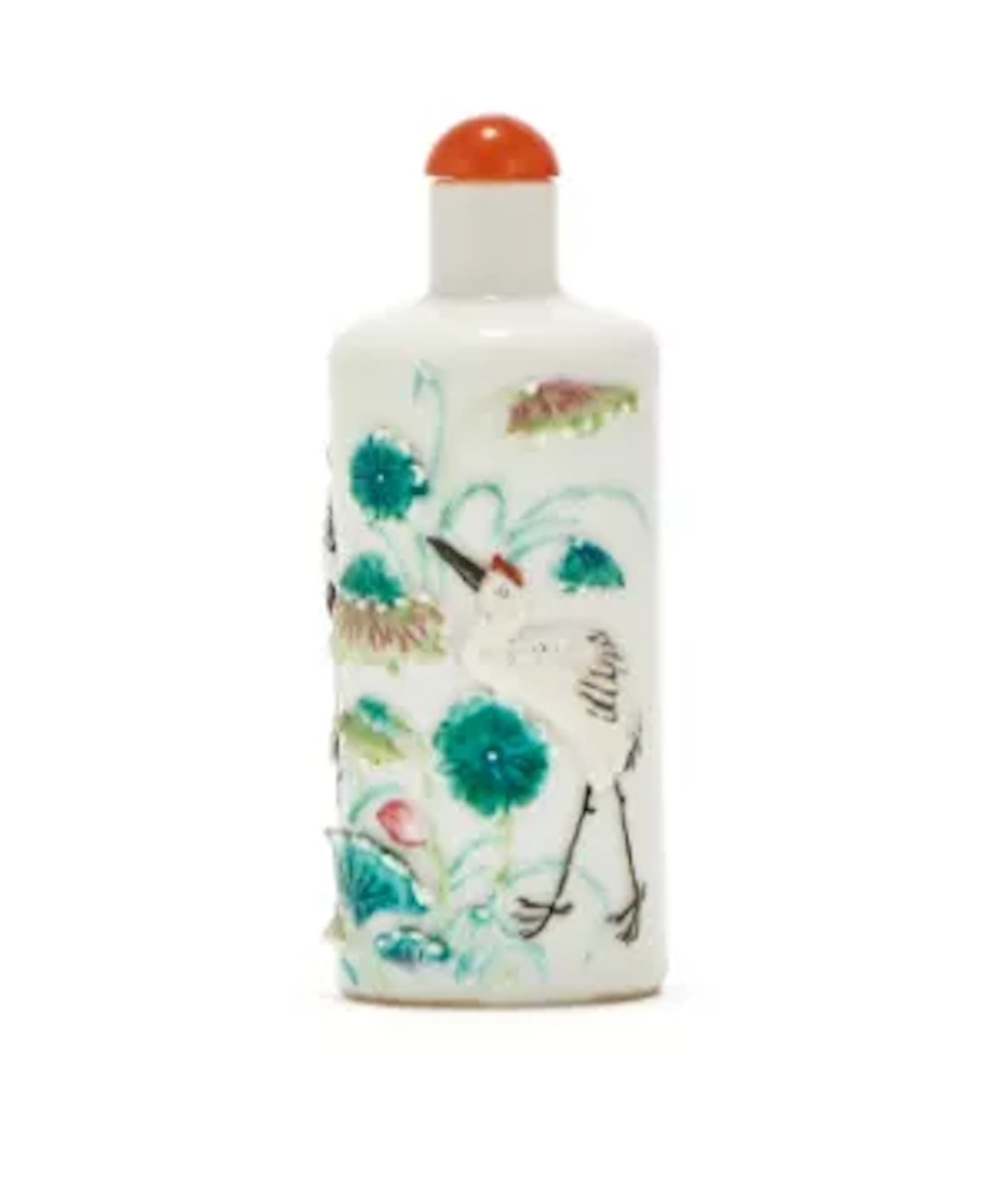 A Chinese porcelain Famille Rose 'crane and lotus' snuff bottle, Late