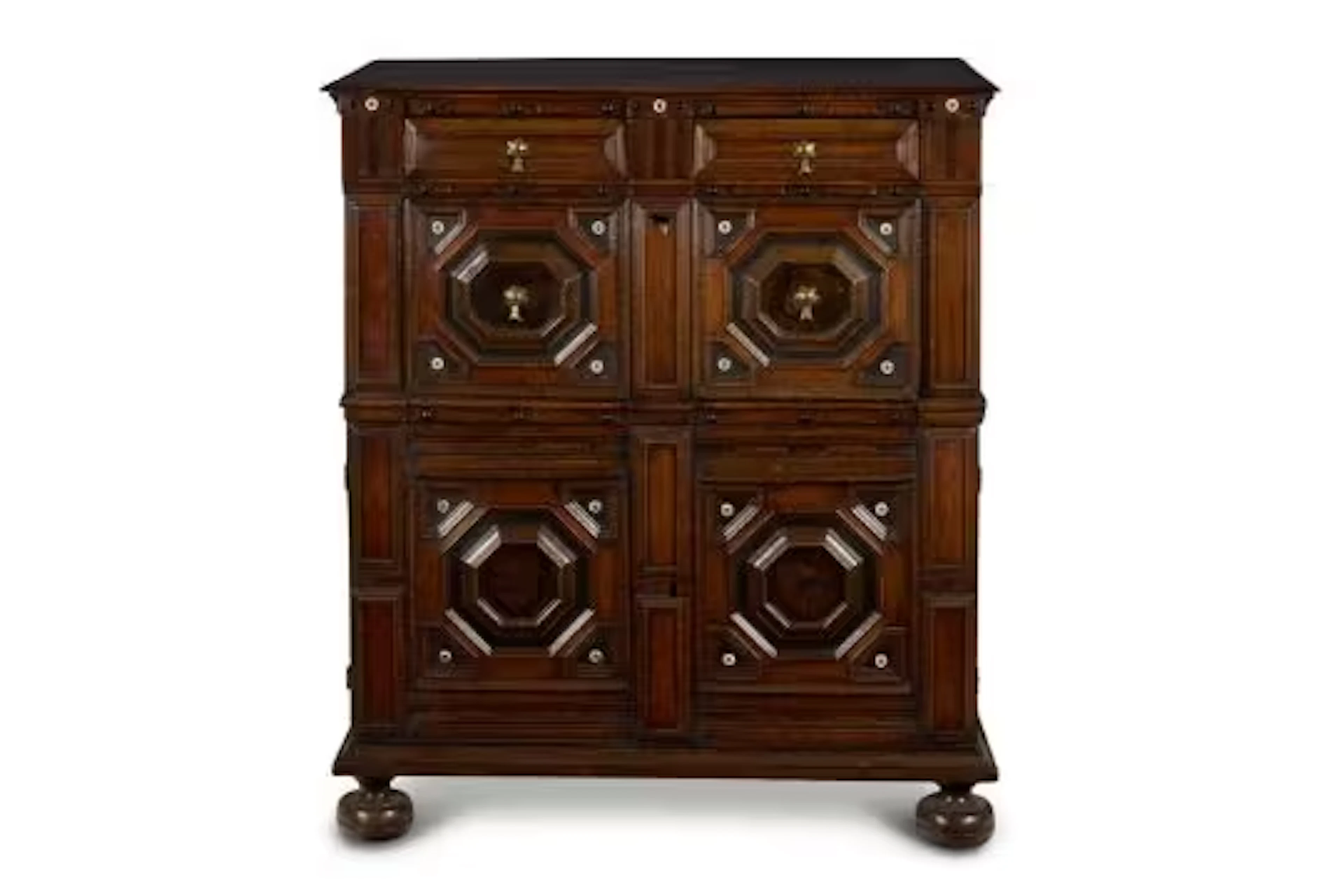 A CHARLES II OAK, FRUITWOOD, OLIVEWOOD, EBONISED AND BONE-MOUNTED