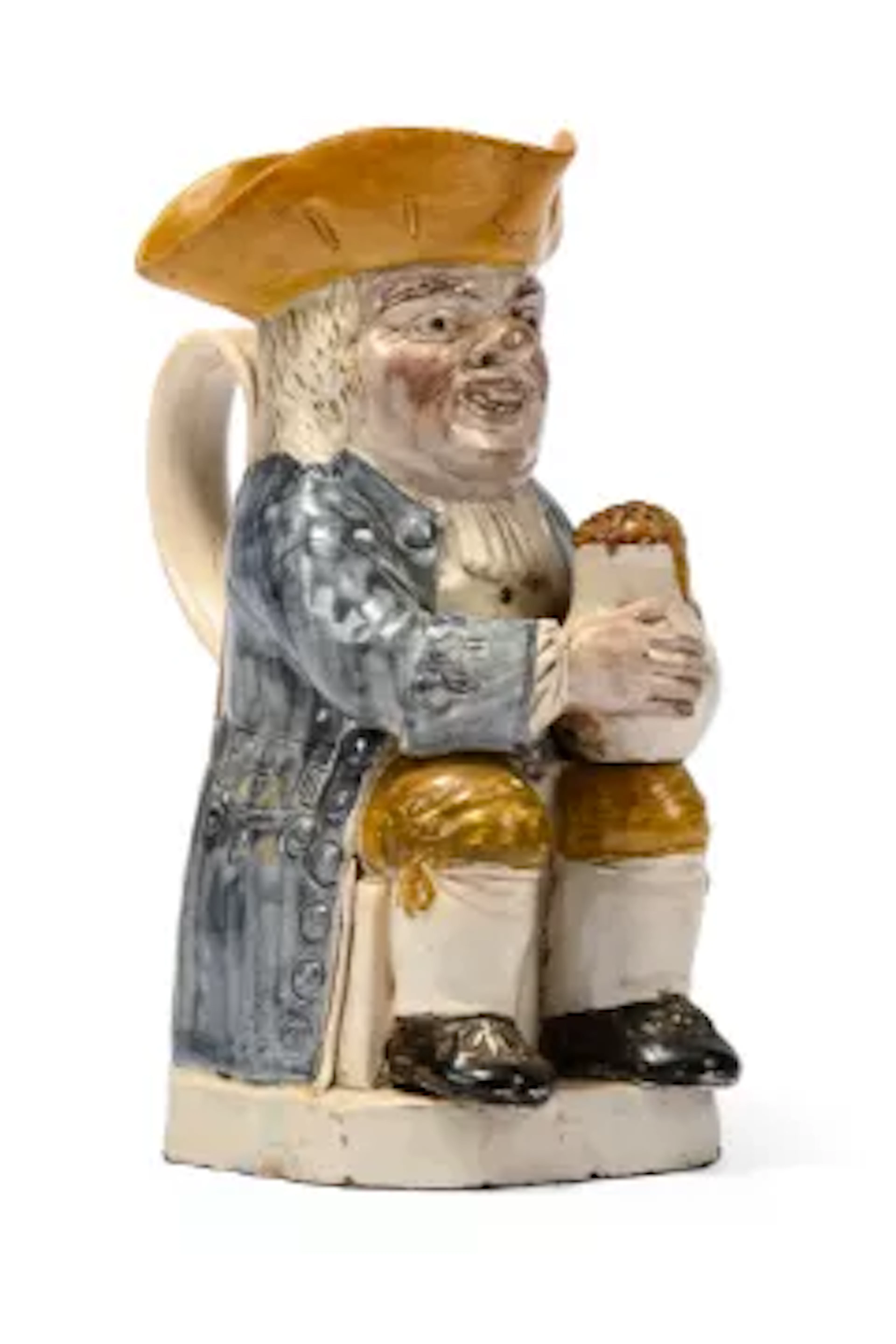 A LARGE RALPH WOOD TYPE STAFFORDSHIRE PEARLWARE TOBY JUG, CIRCA 1800