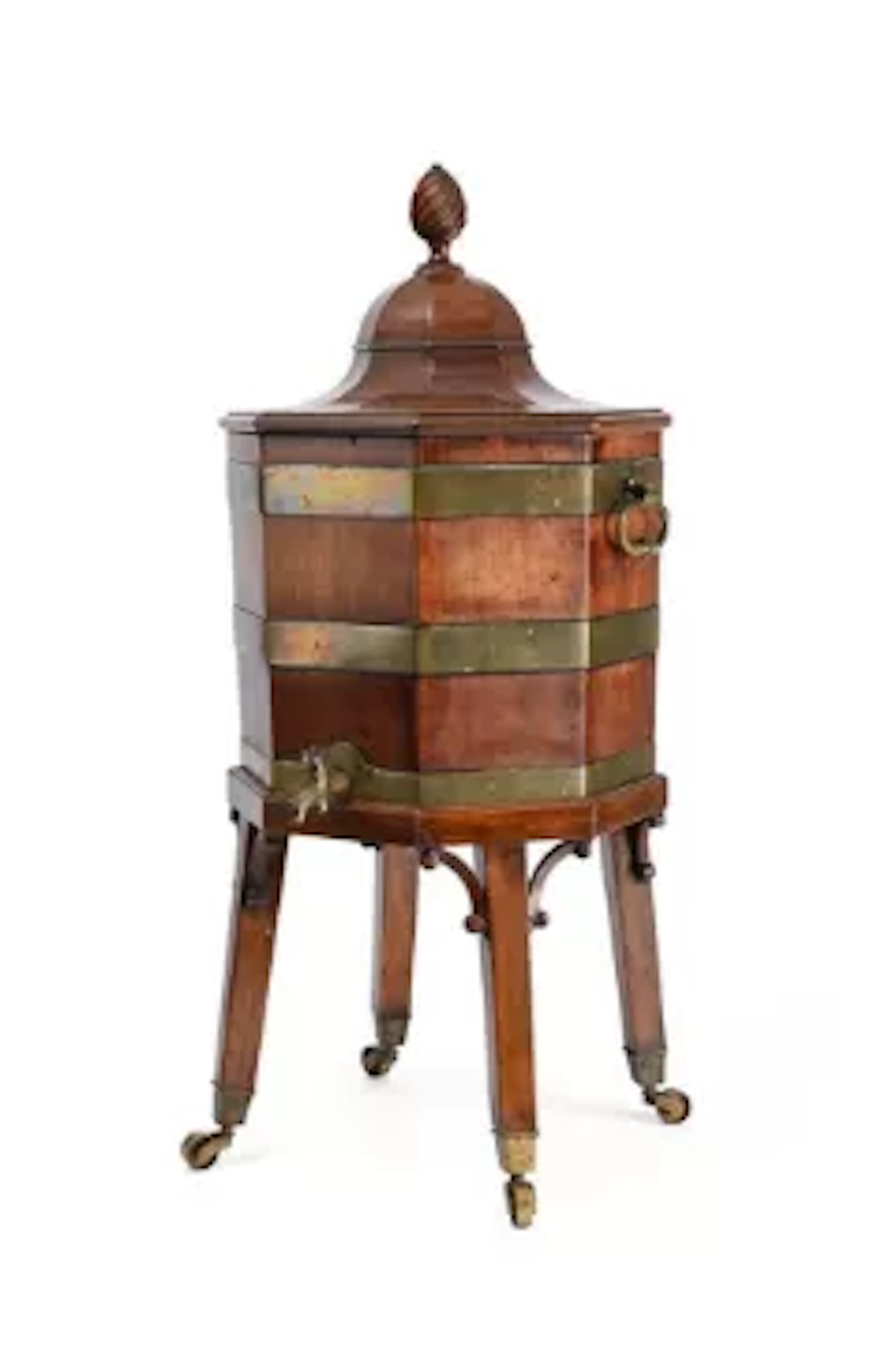 A FINE GEORGE III MAHOGANY AND BRASS BOUND WINE COOLER ON STAND, CIRCA 1770
