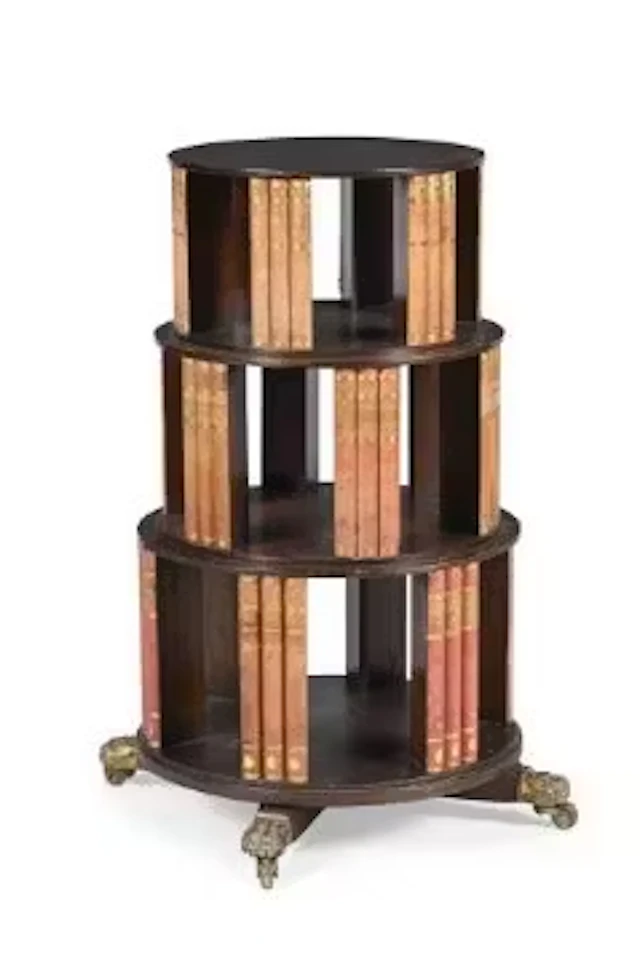 A MAHOGANY THREE-TIER ROUND BOOKCASE INCORPORATING, LATE 19TH CENTURY