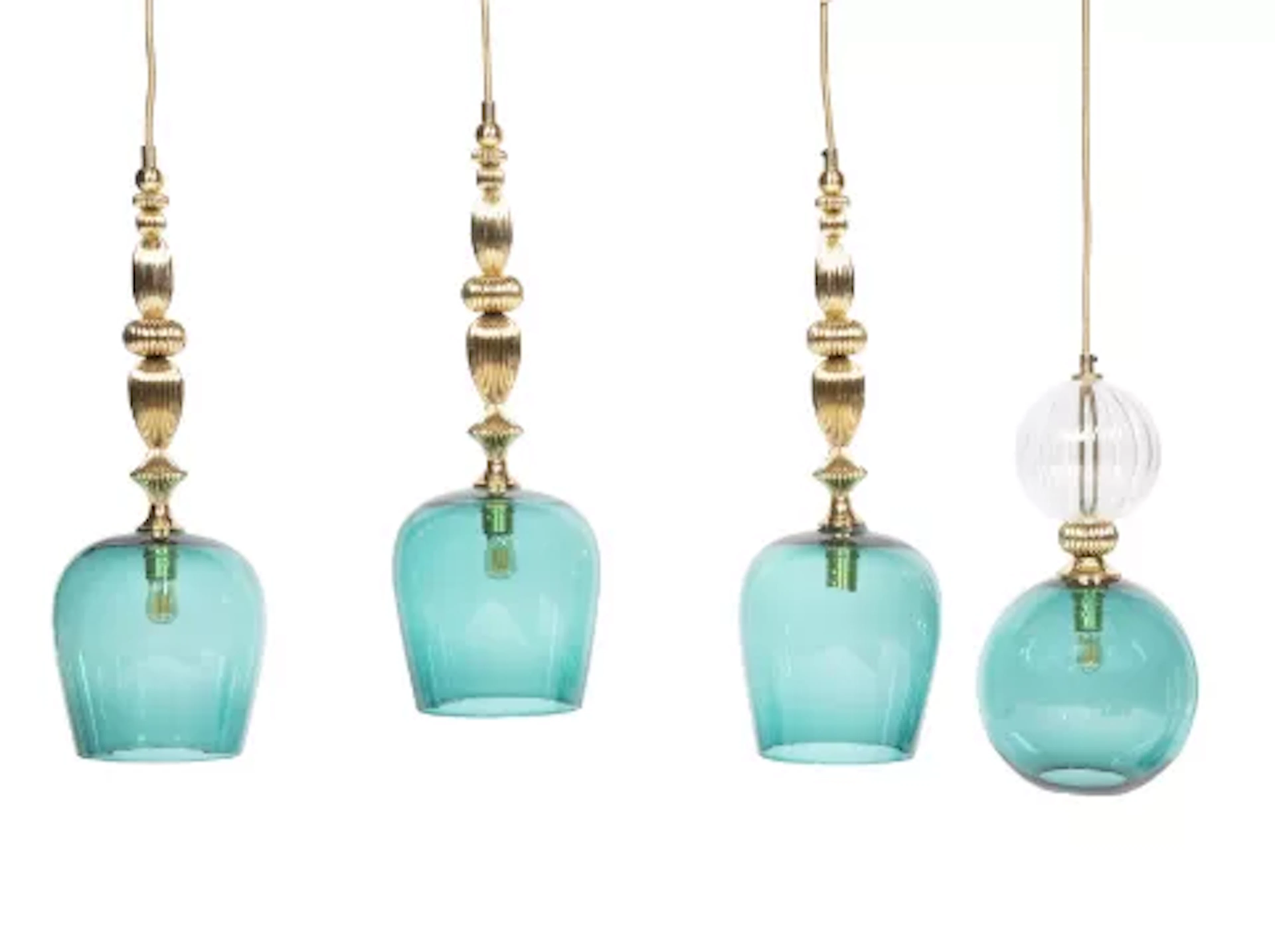 ROTHCHILD & BICKERS, THREE 'STANDING PENDANT' GREEN GLASS AND BRASS