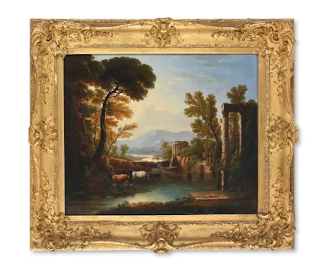 MANNER OF CLAUDE LORRAIN, A CAPRICCIO WITH CATTLE WATERING